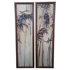 Pair of Bamboo Canvas Painting Burlwood Frame Room Divider Folding Screen 76"