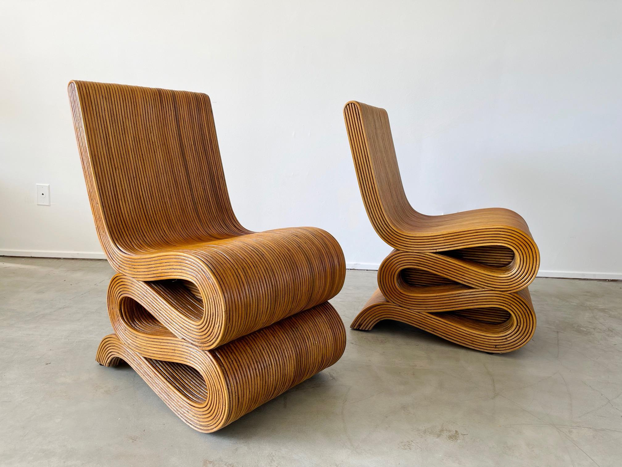 Rare pair of unique bent bamboo chairs in the shape of infamous Frank Gehry's 