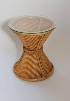 Pair of Bamboo Circular Side Tables with Glass Tops
