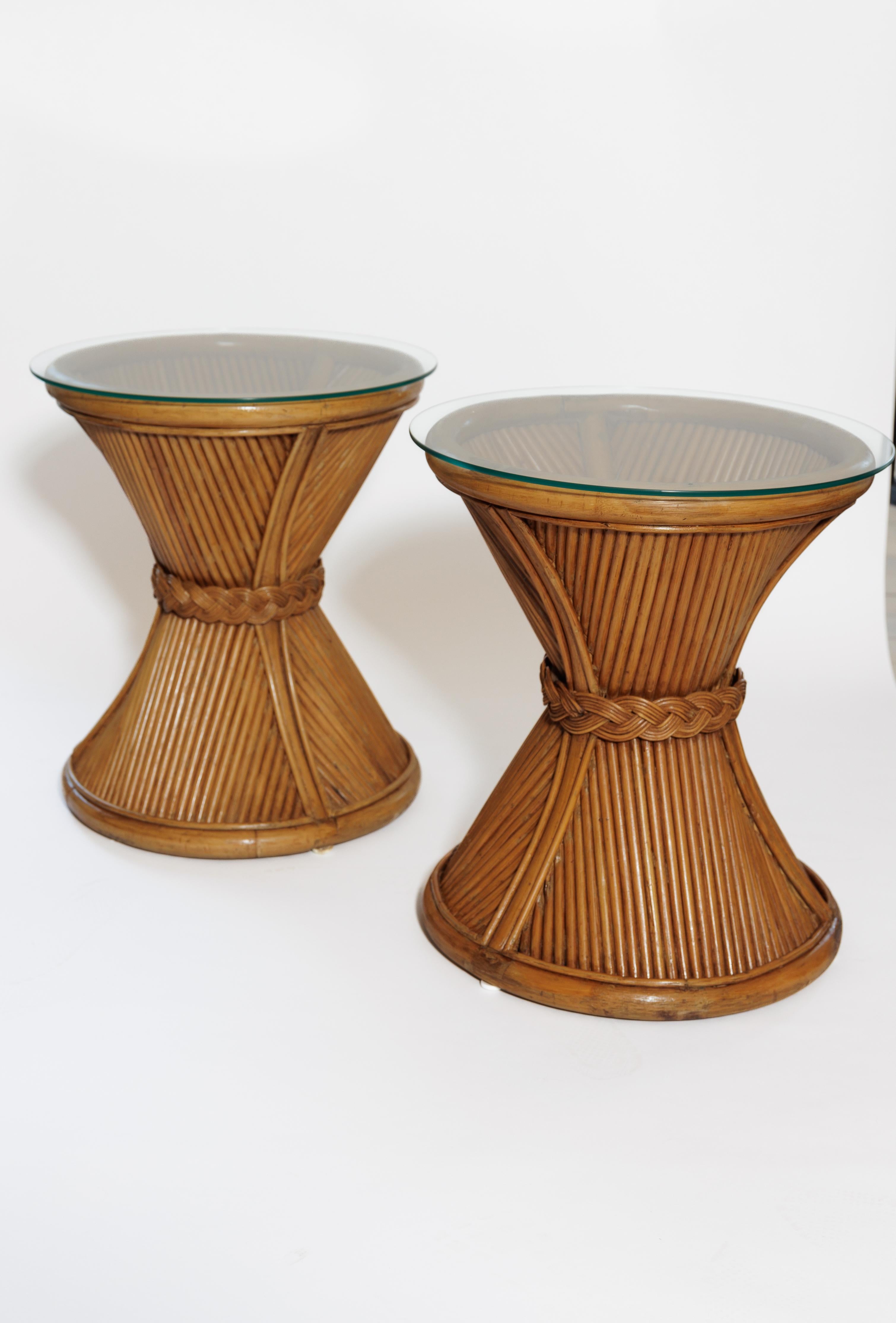 Pair of Bamboo Circular Side Tables with Glass Tops In Excellent Condition For Sale In Bridgehampton, NY
