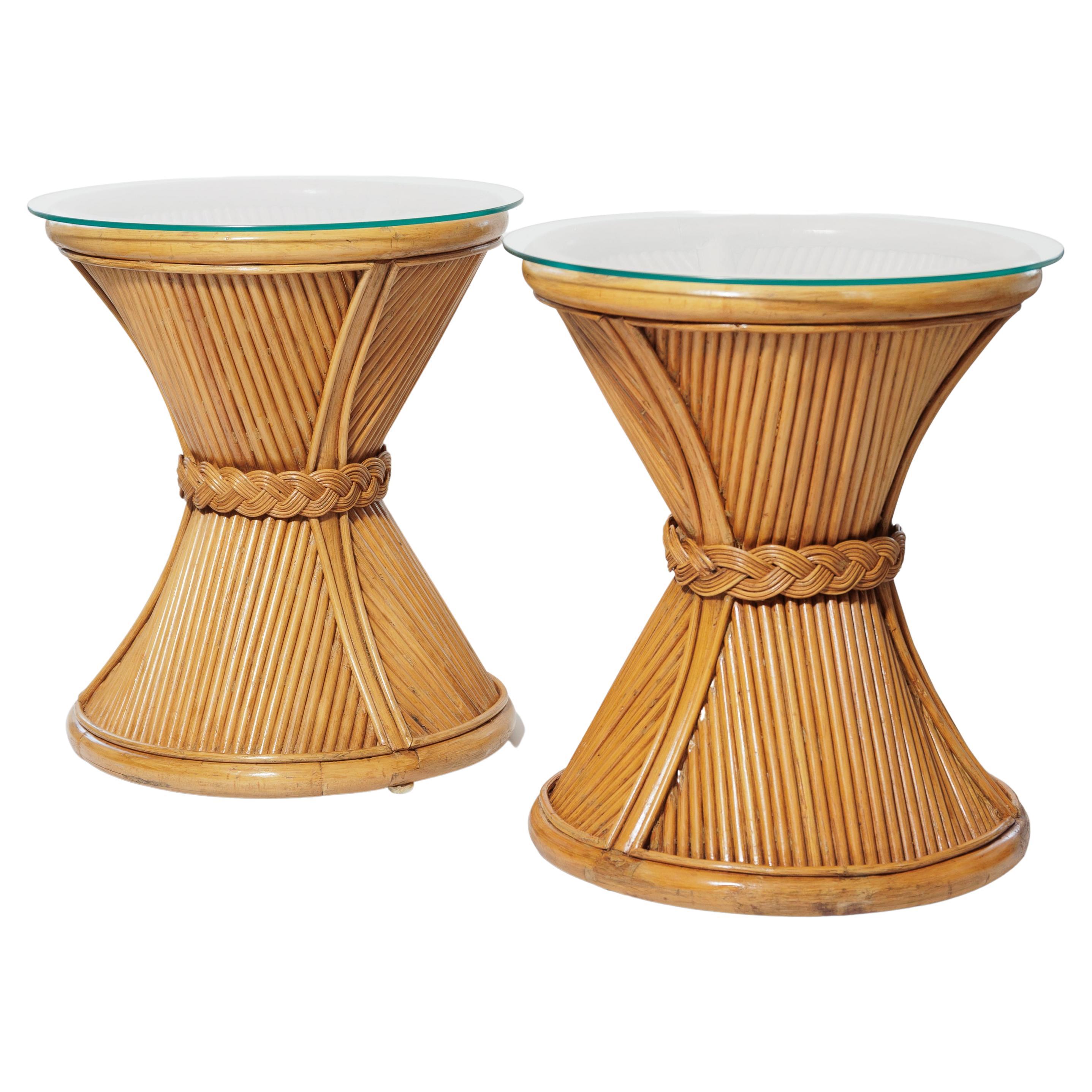 Pair of Bamboo Circular Side Tables with Glass Tops For Sale