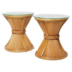 Vintage Pair of Bamboo Circular Side Tables with Glass Tops