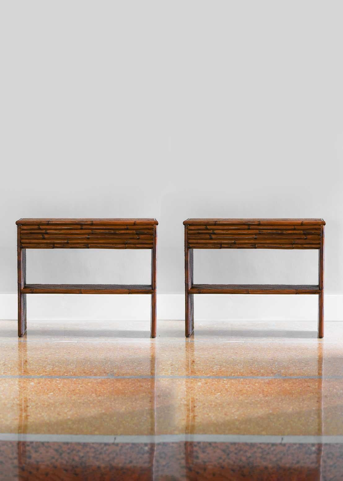 Italian Pair of bamboo consoles with shelf. Molto Editions. For Sale