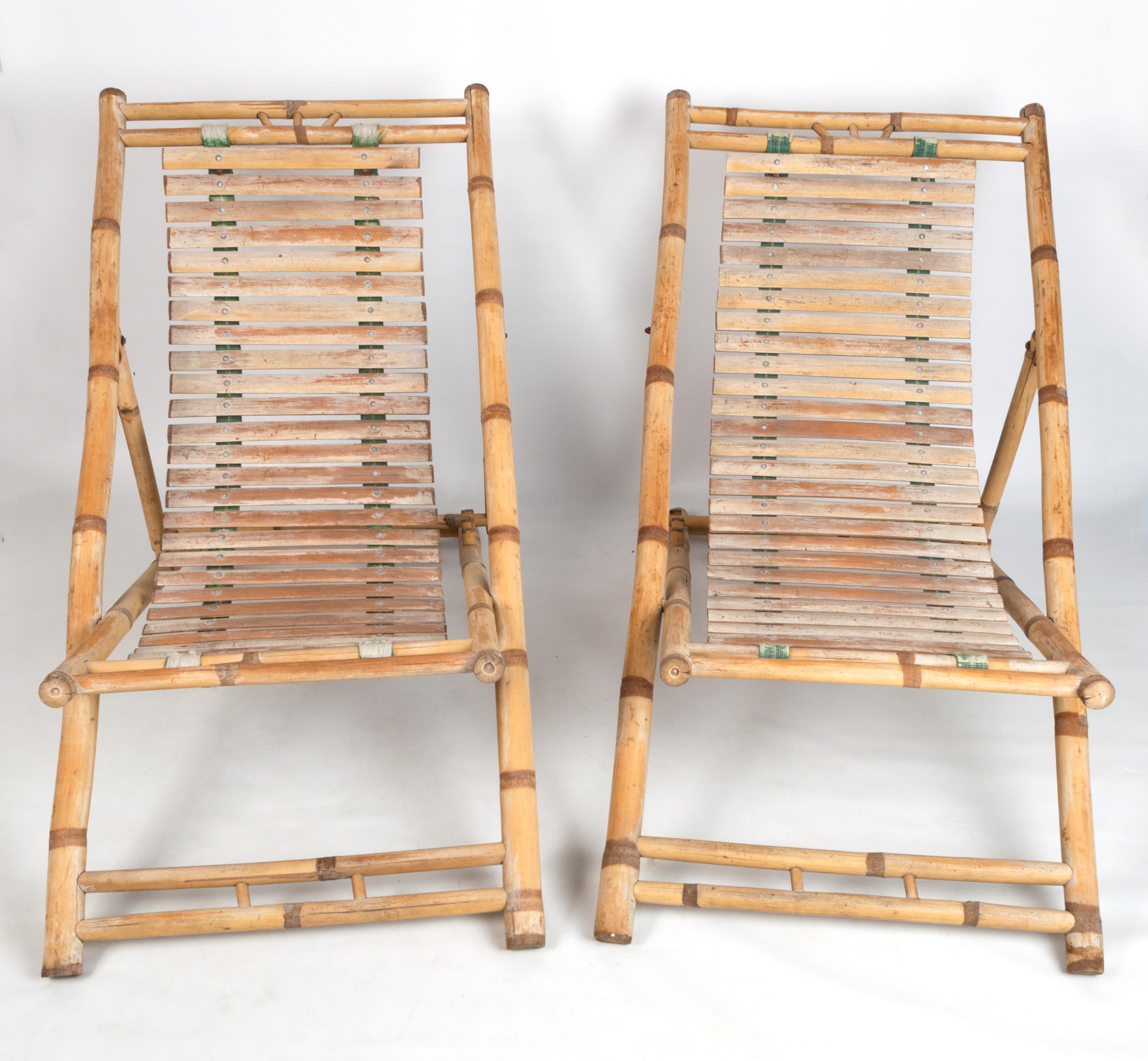 Pair of Bamboo Deck Chairs Sun Loungers C.1980, Italy For Sale 5
