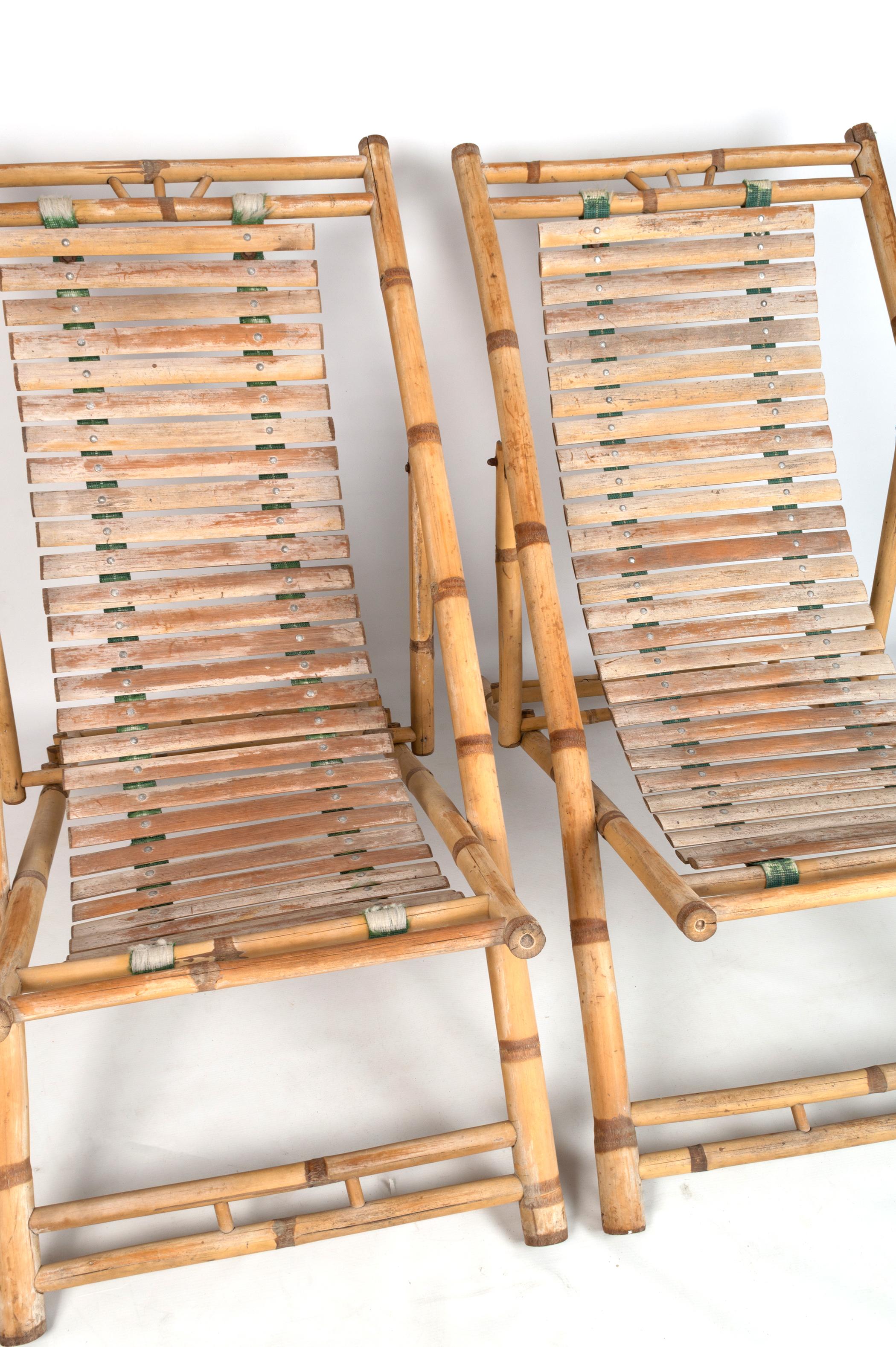 Pair of Bamboo Deck Chairs Sun Loungers C.1980, Italy For Sale 5