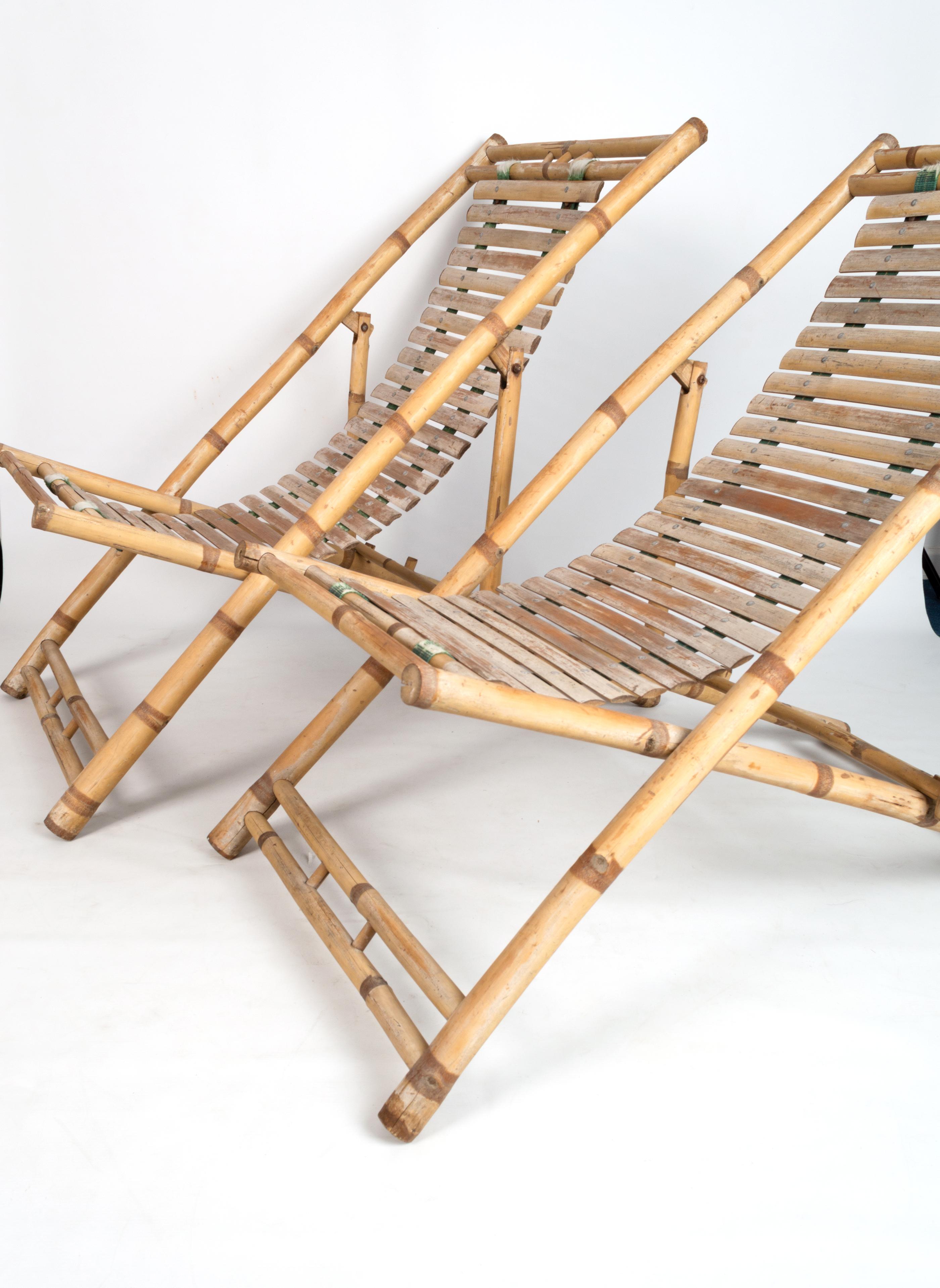 Pair of Bamboo Deck Chairs Sun Loungers C.1980, Italy For Sale 7
