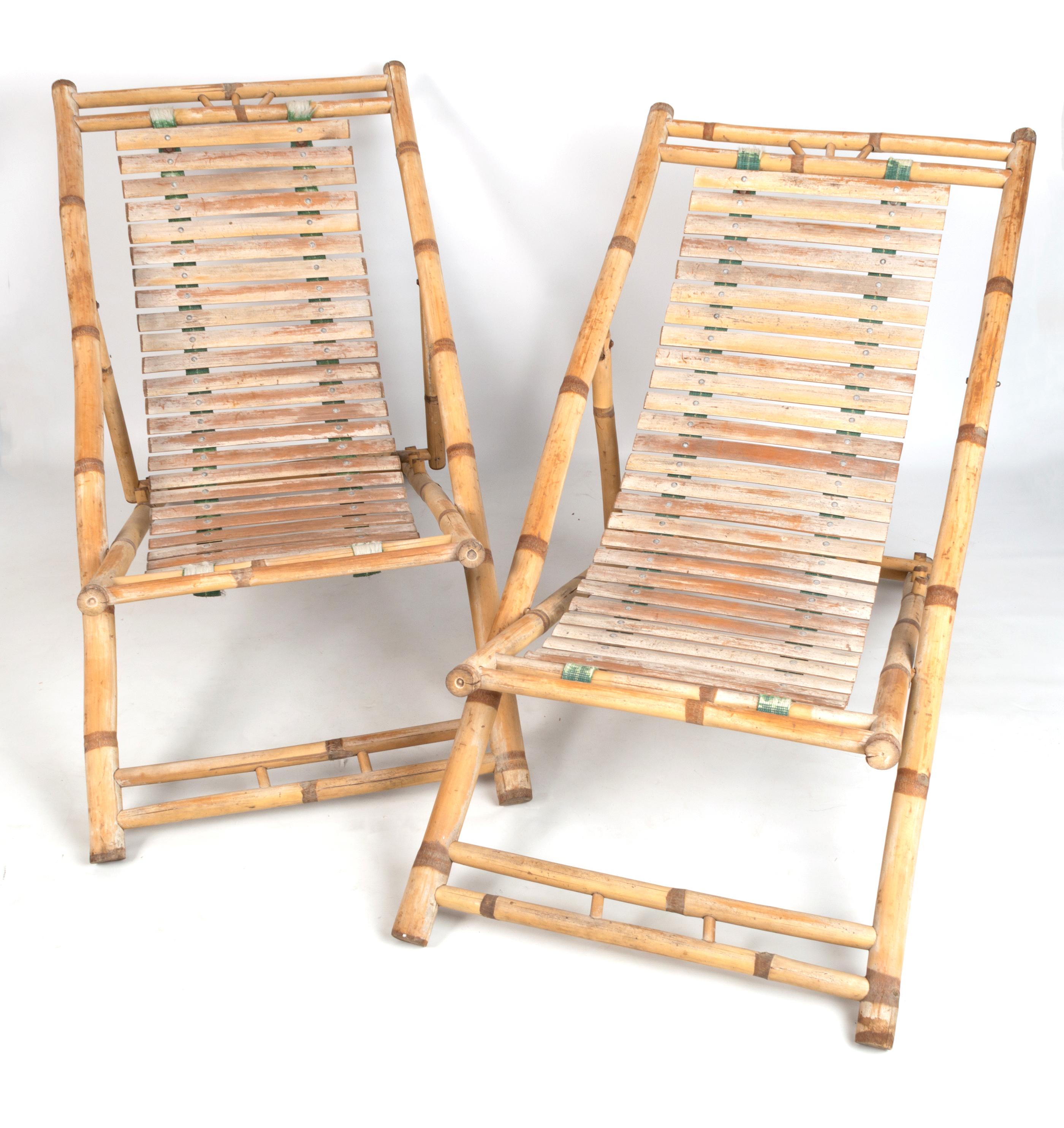 Pair of bamboo deck chairs sun loungers C.1980, Italy

Dimensions when flat: L 137 W 60 D 10cm.


