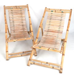 Pair of Bamboo Deck Chairs Sun Loungers C.1980, Italy
