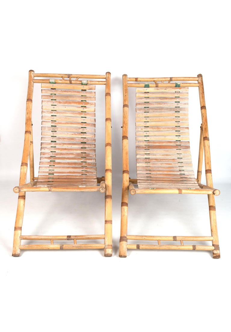 Pair of Bamboo Deck Chairs Sun Loungers C.1980, Italy For Sale at 1stDibs