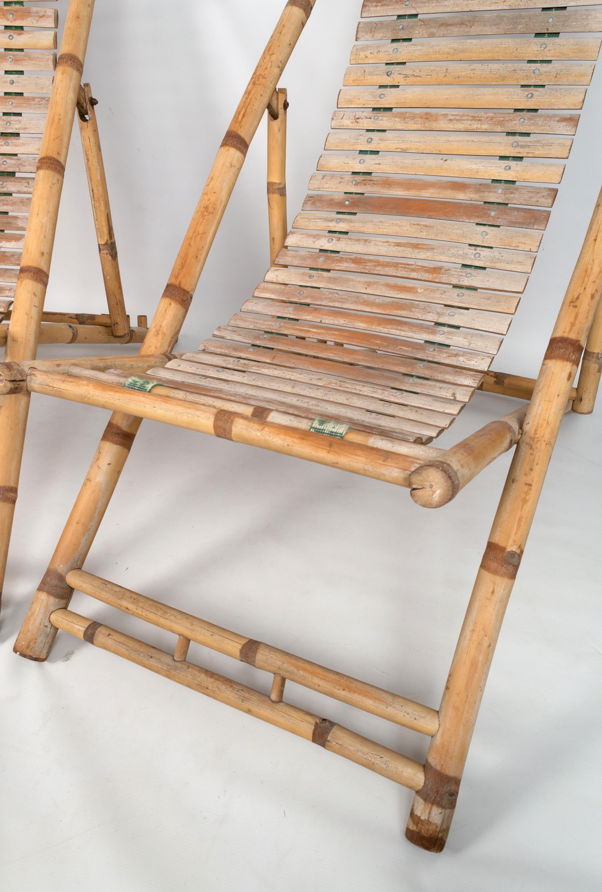 Italian Pair of Bamboo Deck Chairs Sun Loungers C.1980, Italy For Sale