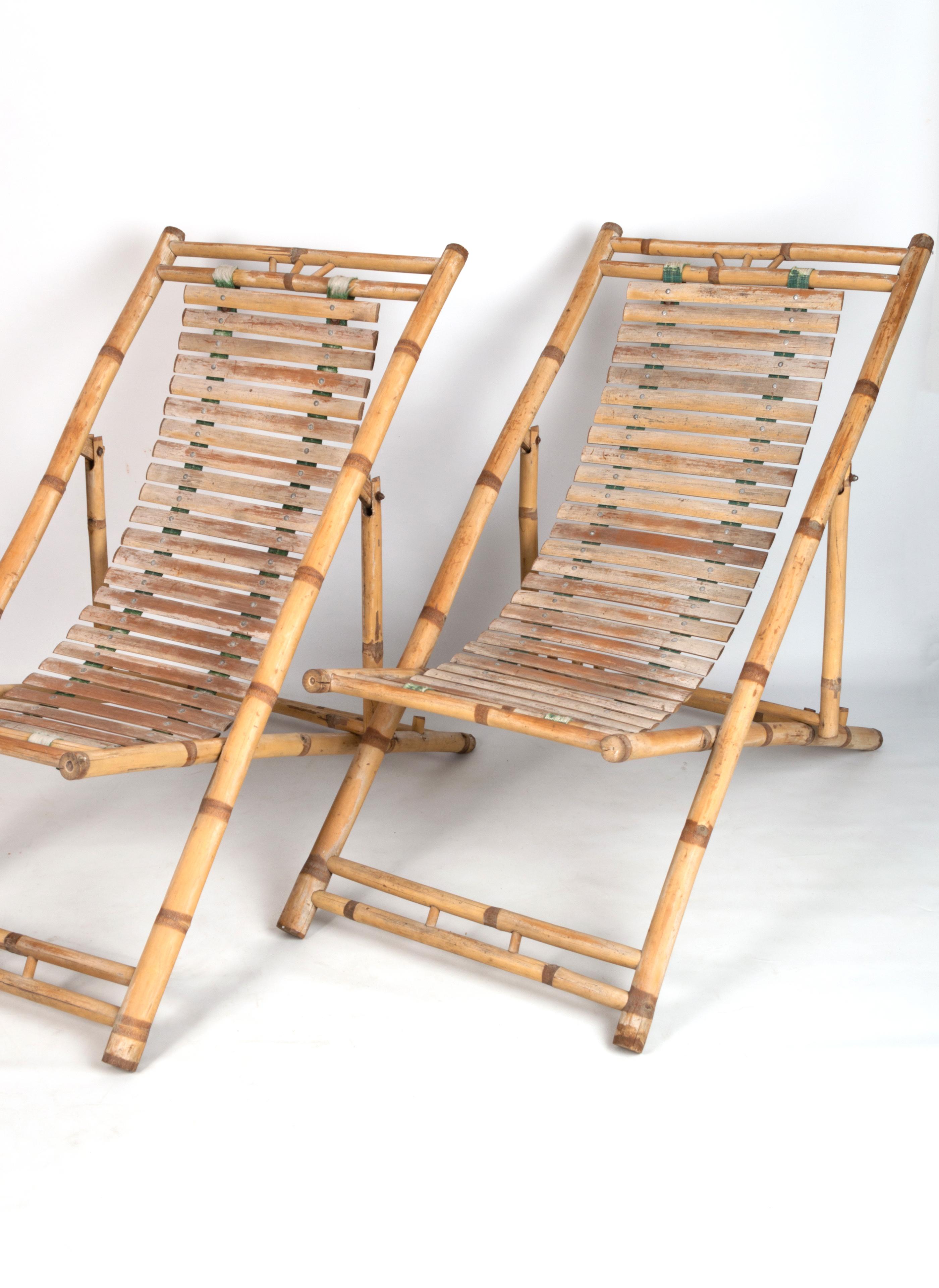 Italian Pair of Bamboo Deck Chairs Sun Loungers C.1980, Italy For Sale