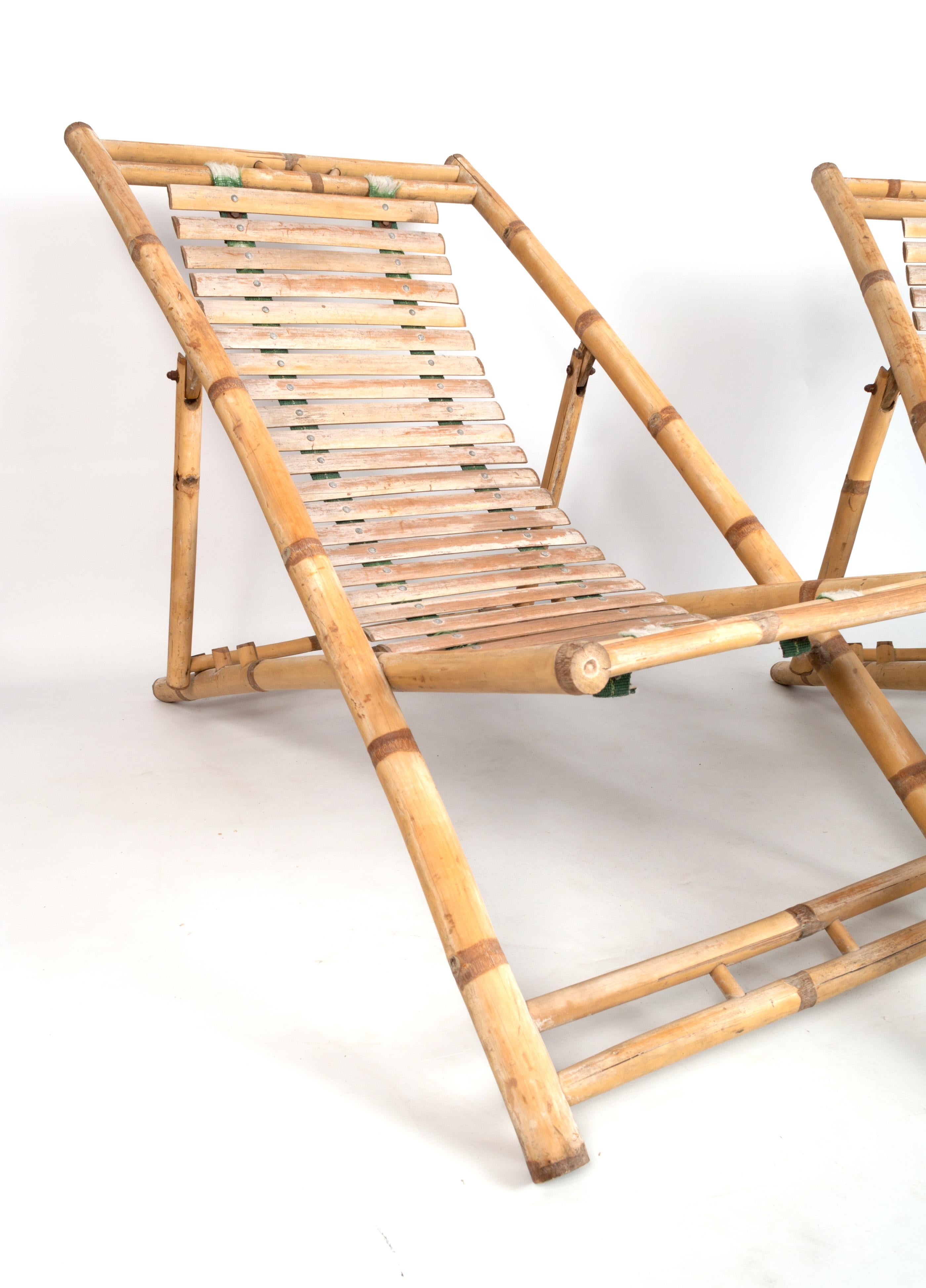 Bambou Paire de chaises longues Sun Loungers en bambou, vers 1980, Italie en vente