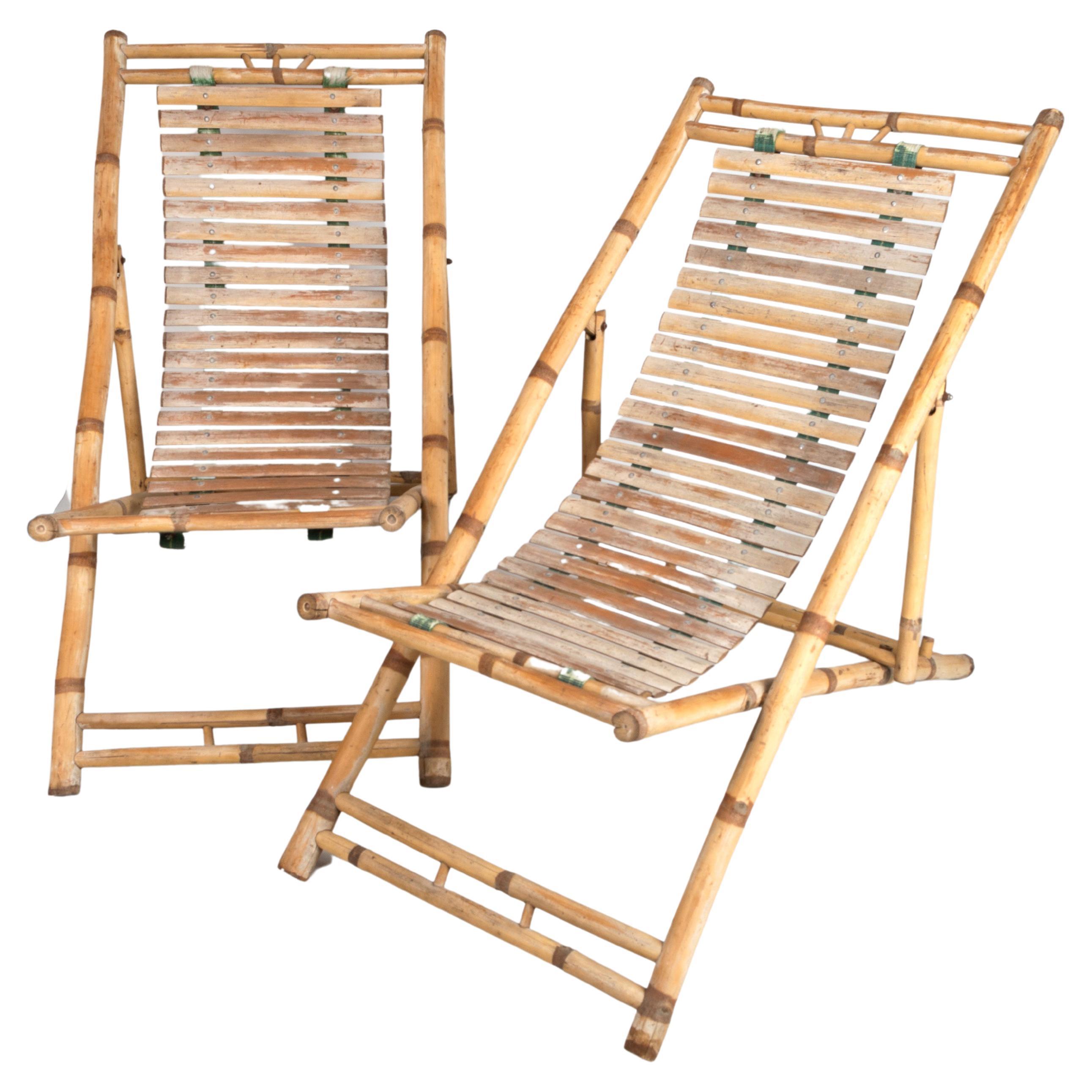 Pair of Bamboo Deck Chairs Sun Loungers C.1980, Italy