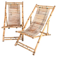 Vintage Pair of Bamboo Deck Chairs Sun Loungers C.1980, Italy