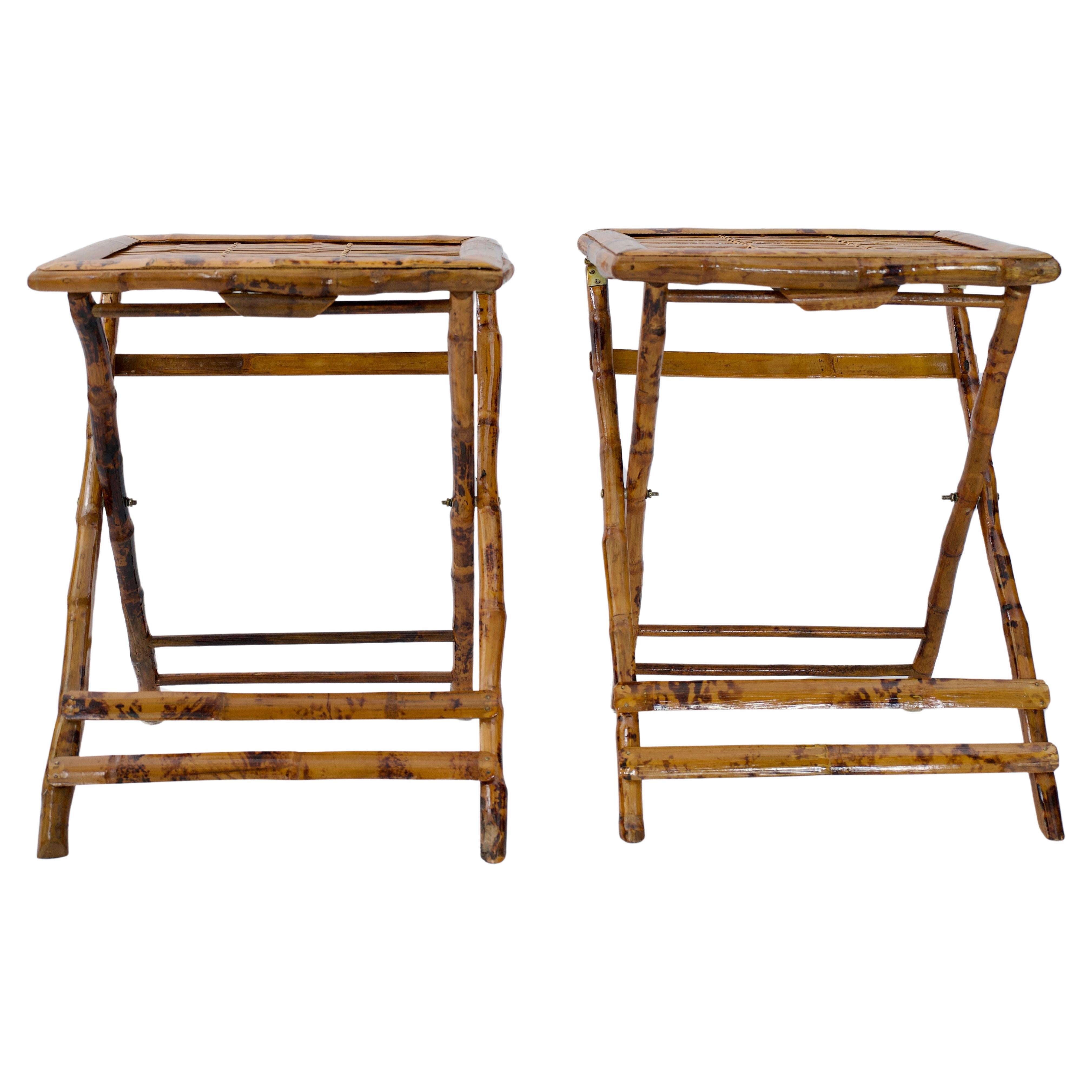 Pair of Bamboo Folding End Tables, Serving or Side Tables For Sale