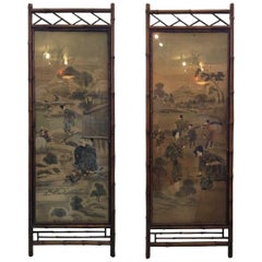 Pair of Bamboo Framed Scenic Painted Silk Panels