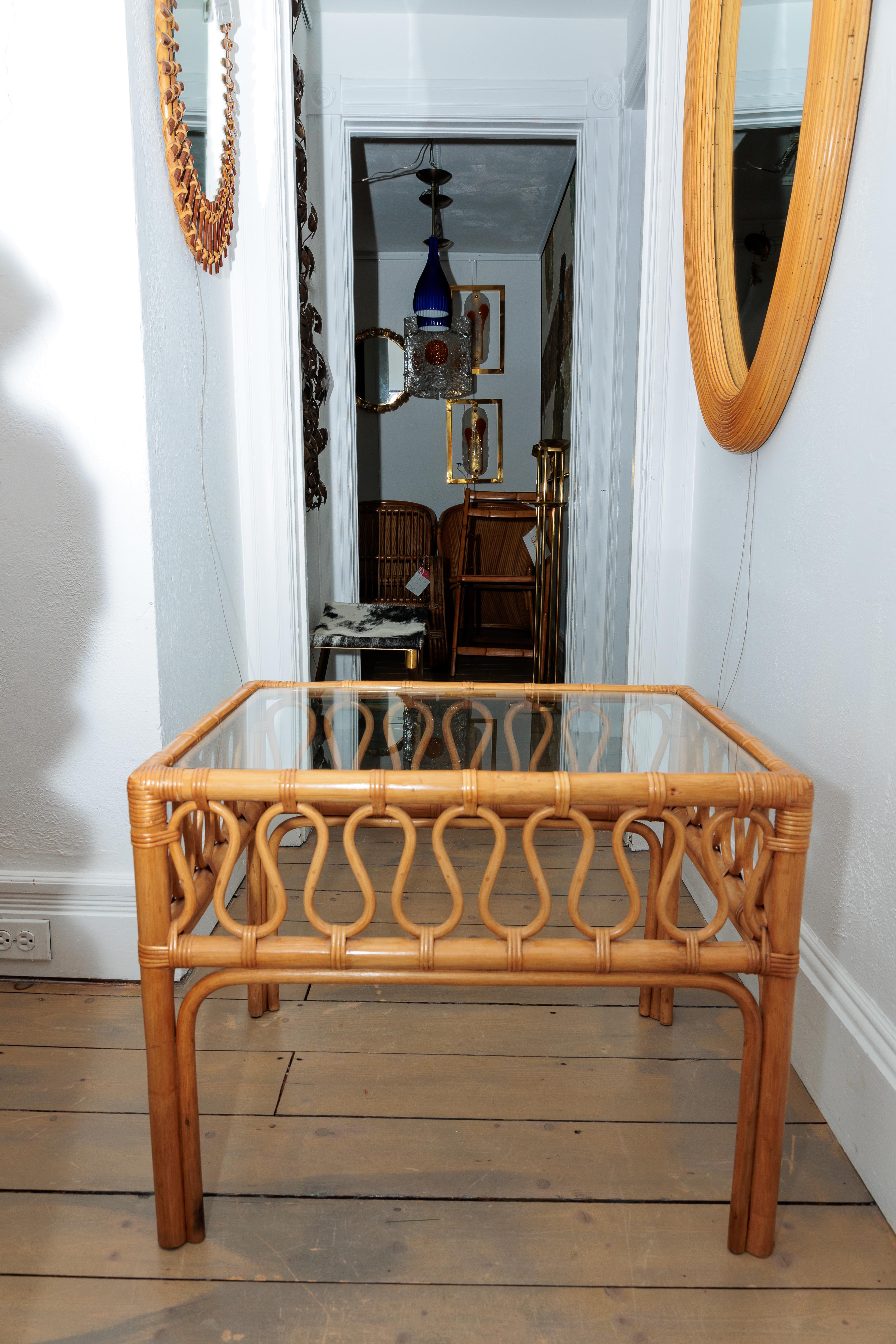 Italian Pair of Bamboo Glass Top Side Tables For Sale