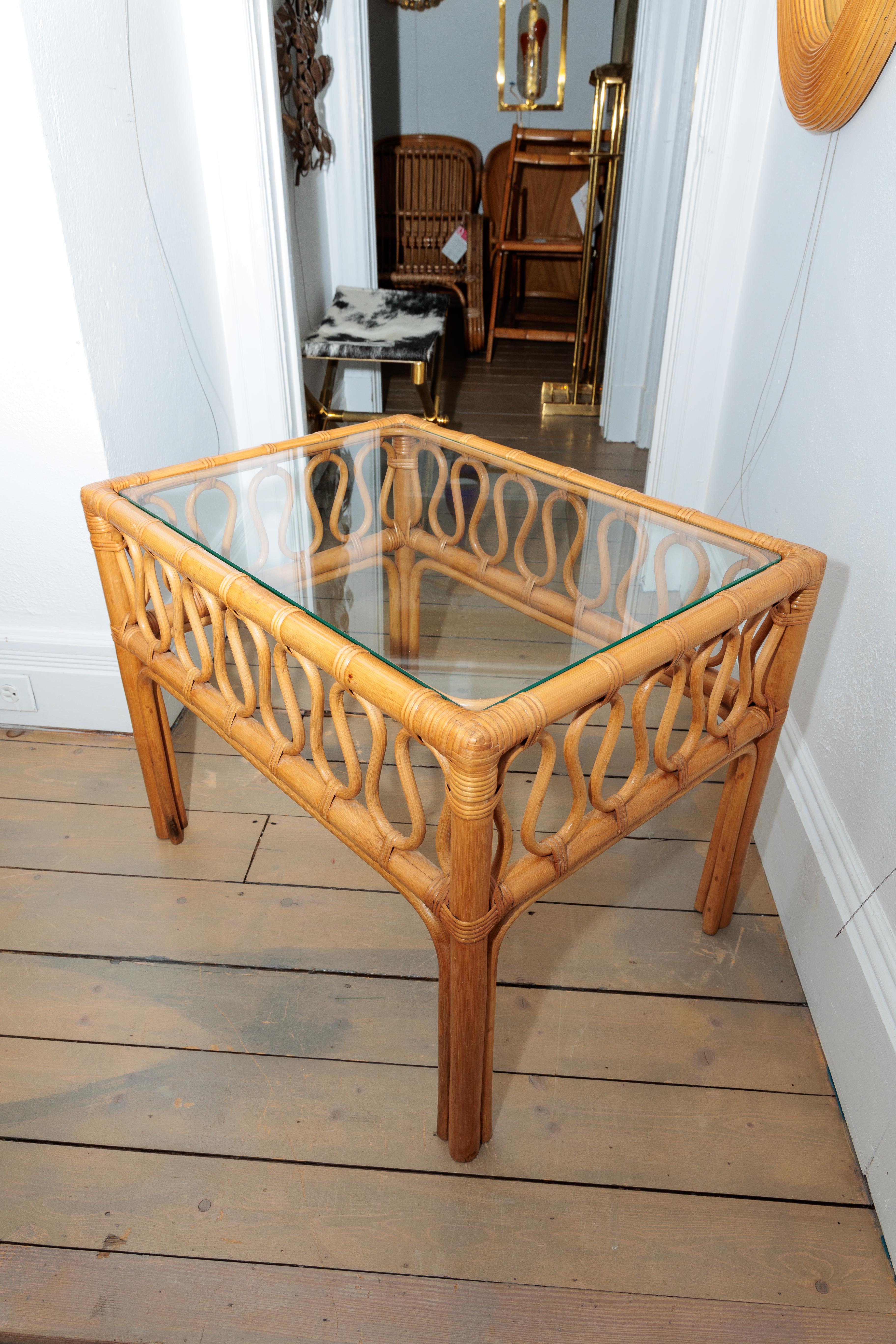 Hand-Crafted Pair of Bamboo Glass Top Side Tables For Sale