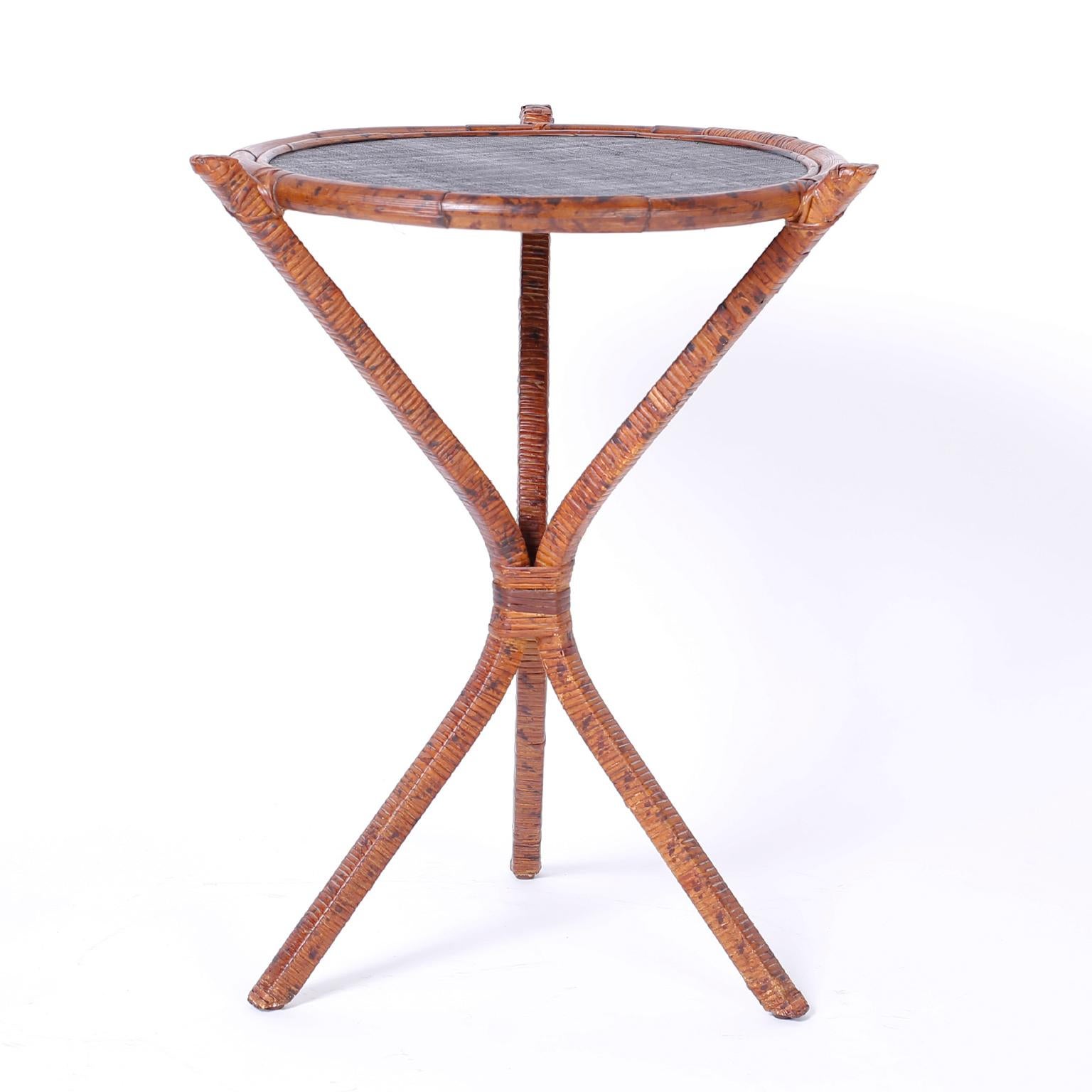 British Colonial Pair of Bamboo & Grasscloth Round End Tables
