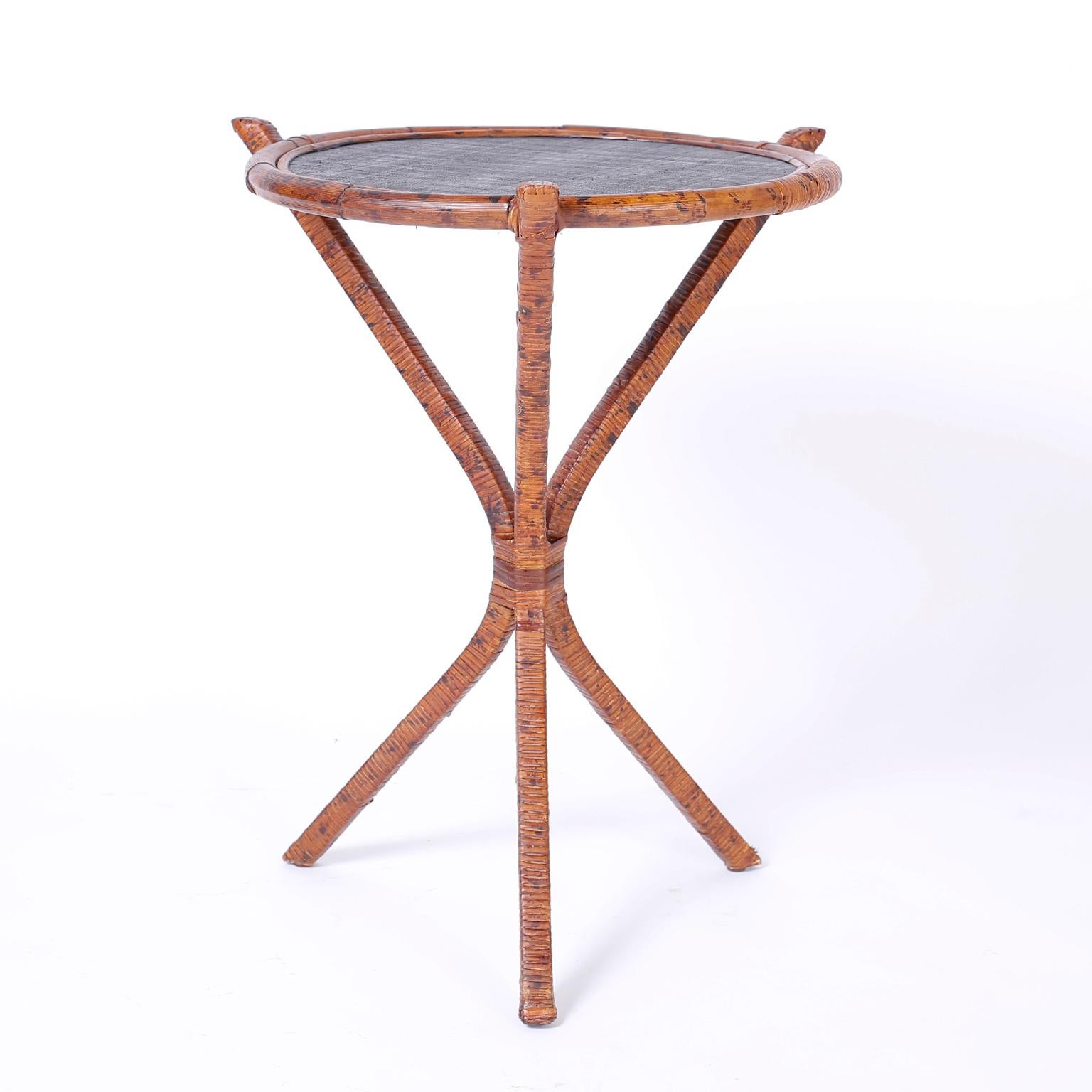 Philippine Pair of Bamboo & Grasscloth Round End Tables