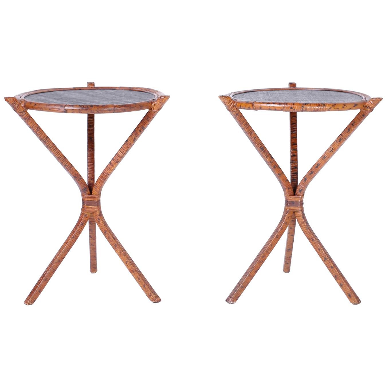 Pair of Bamboo & Grasscloth Round End Tables