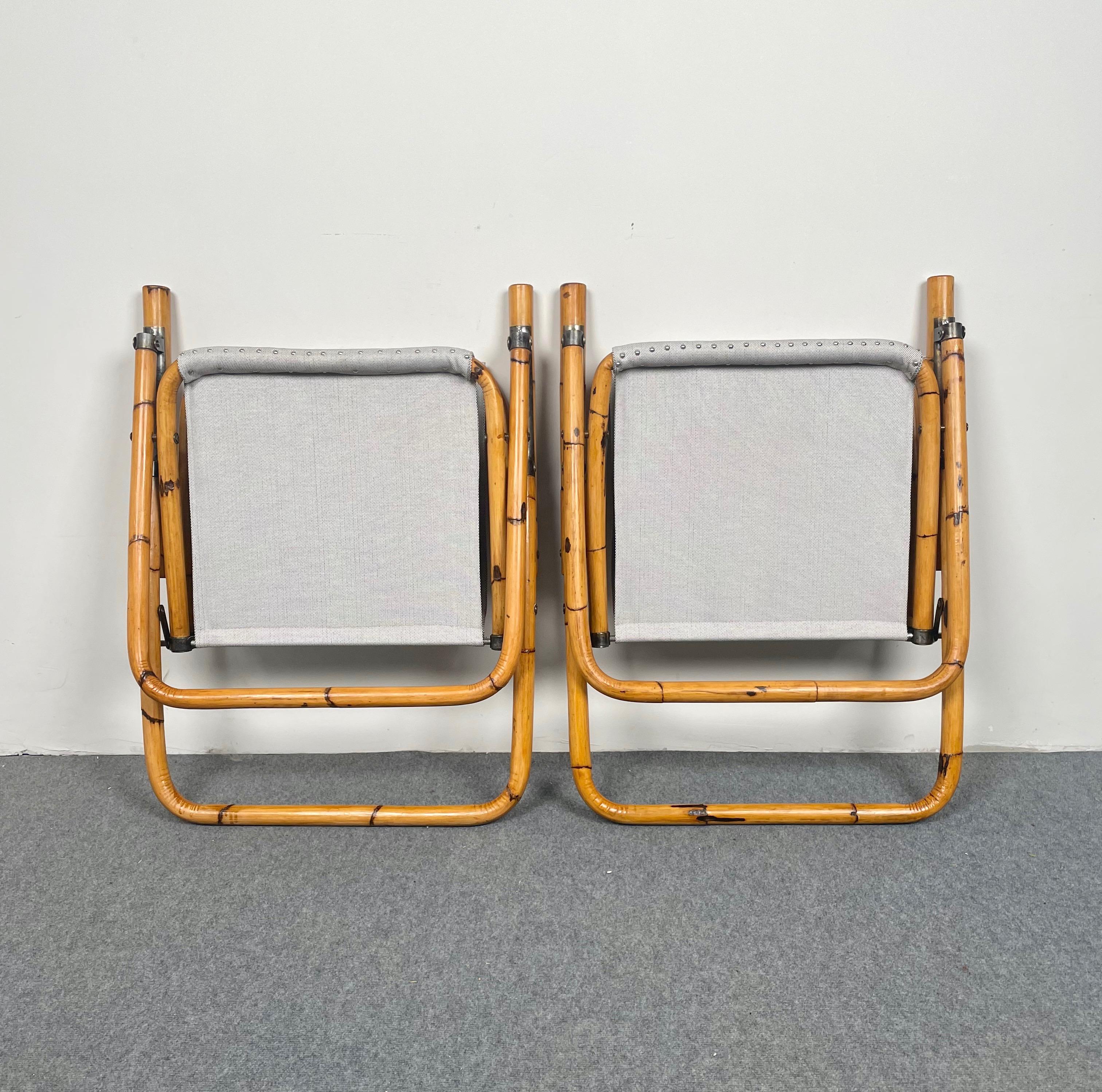 Pair of Bamboo, Iron and Fabric Folding Chair, Italy, 1960s 3