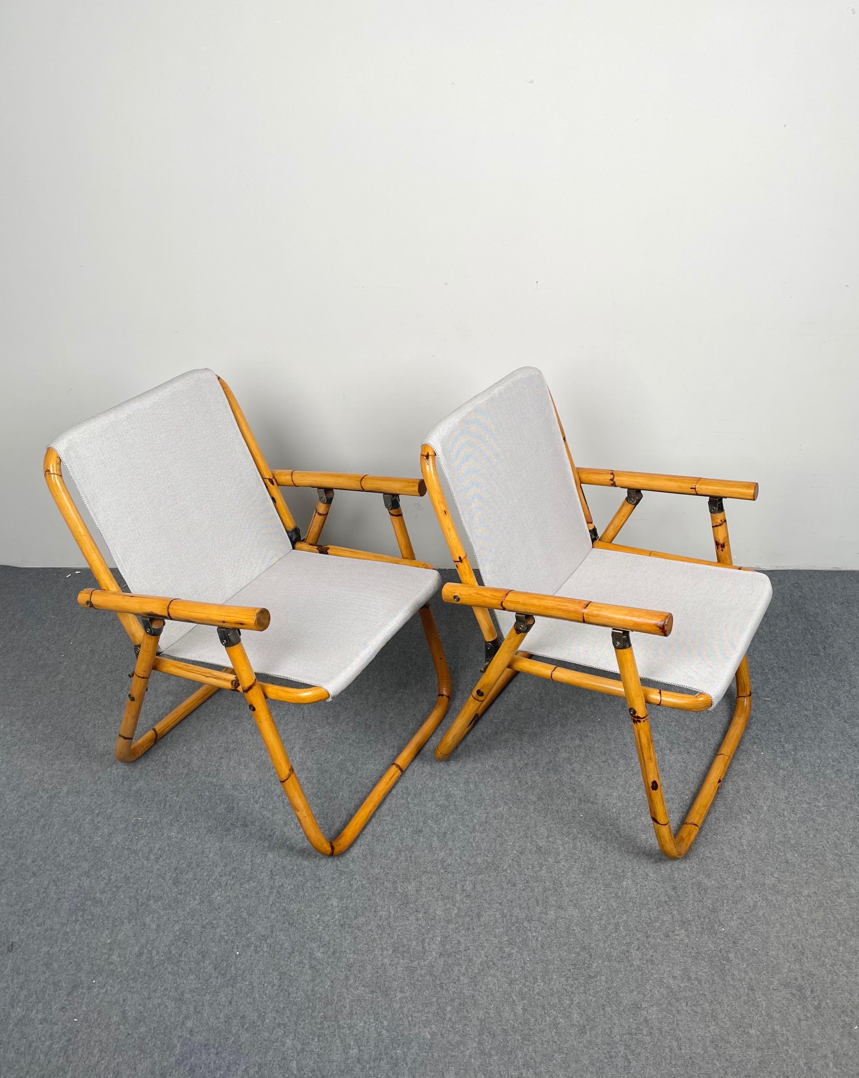 Mid-Century Modern Pair of Bamboo, Iron and Fabric Folding Chair, Italy, 1960s