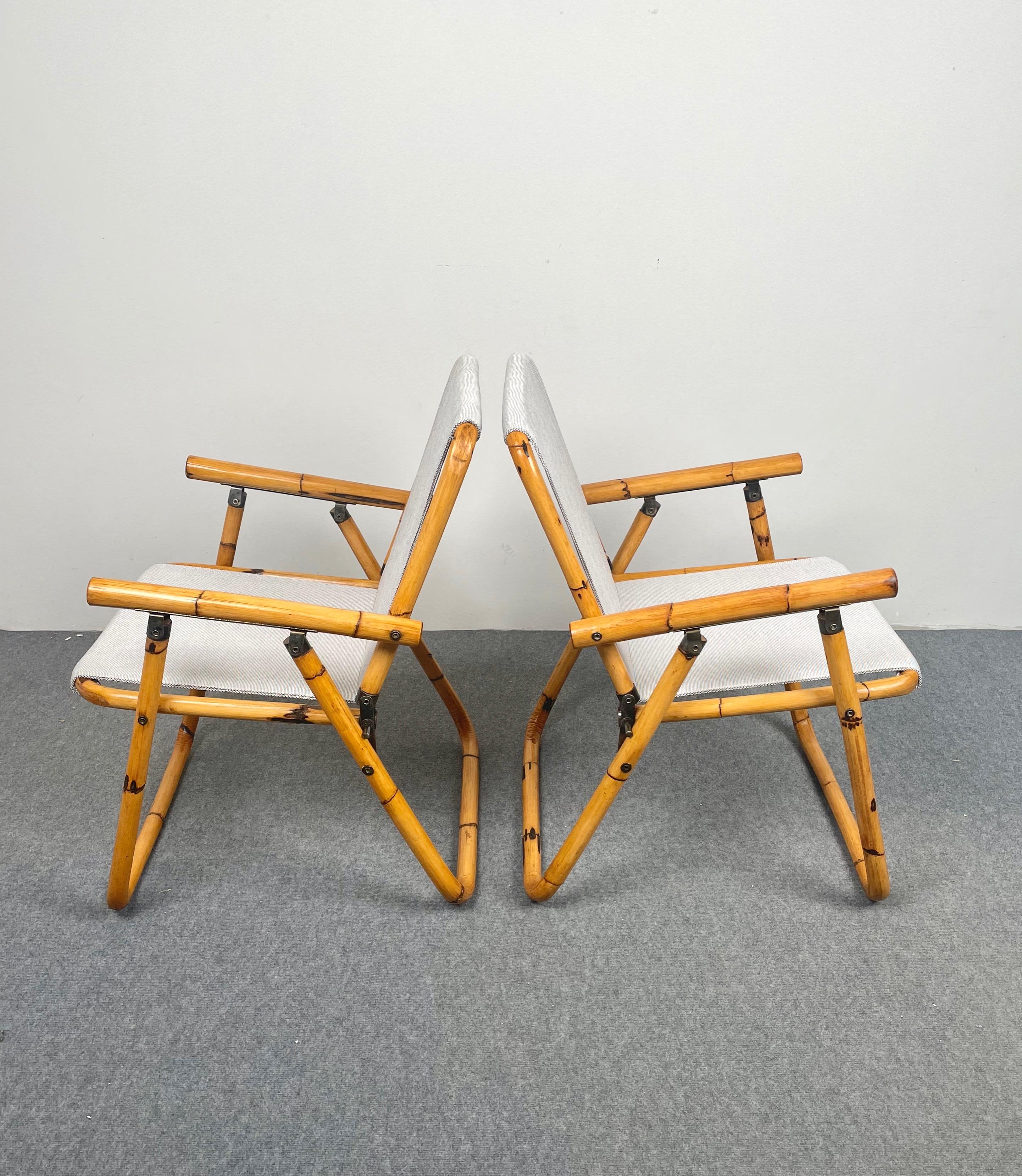Italian Pair of Bamboo, Iron and Fabric Folding Chair, Italy, 1960s