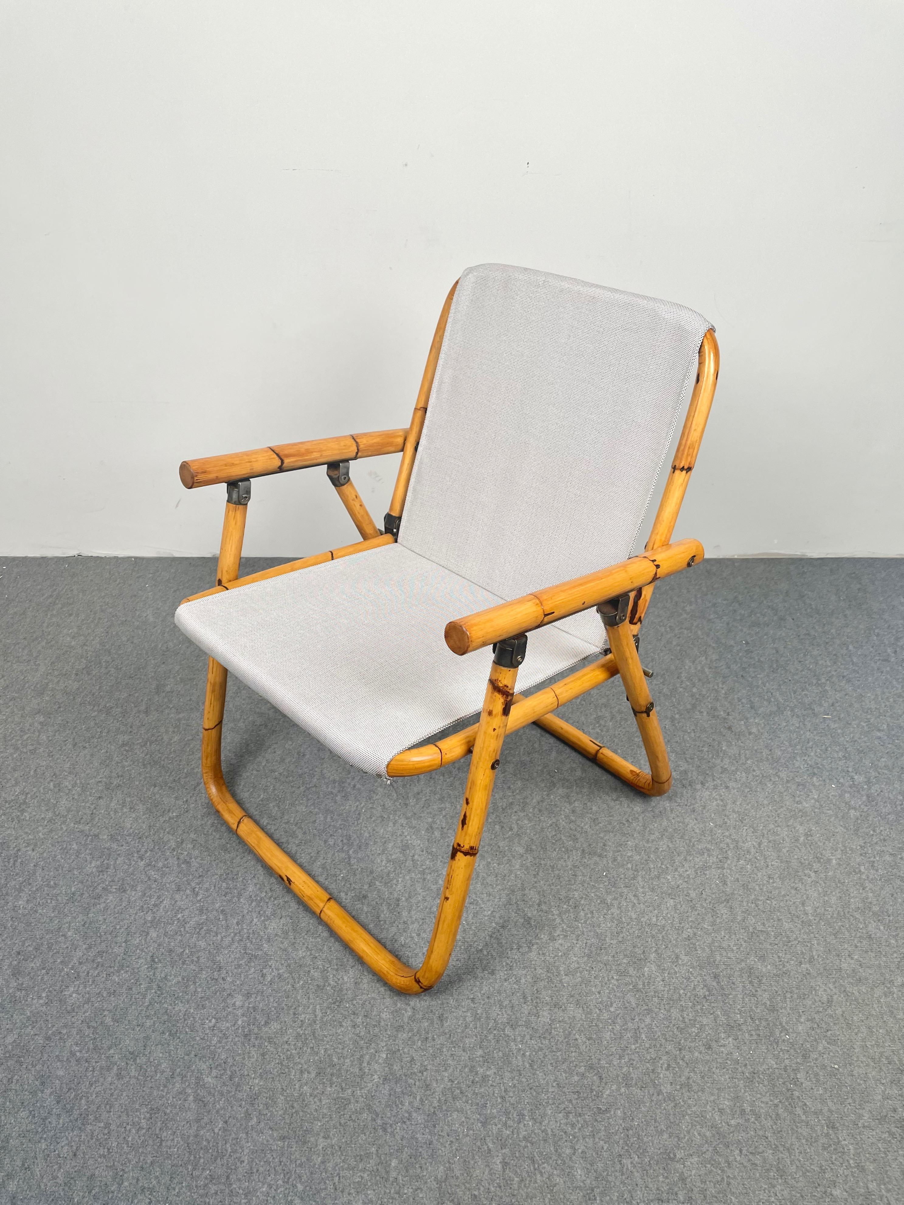 Mid-20th Century Pair of Bamboo, Iron and Fabric Folding Chair, Italy, 1960s