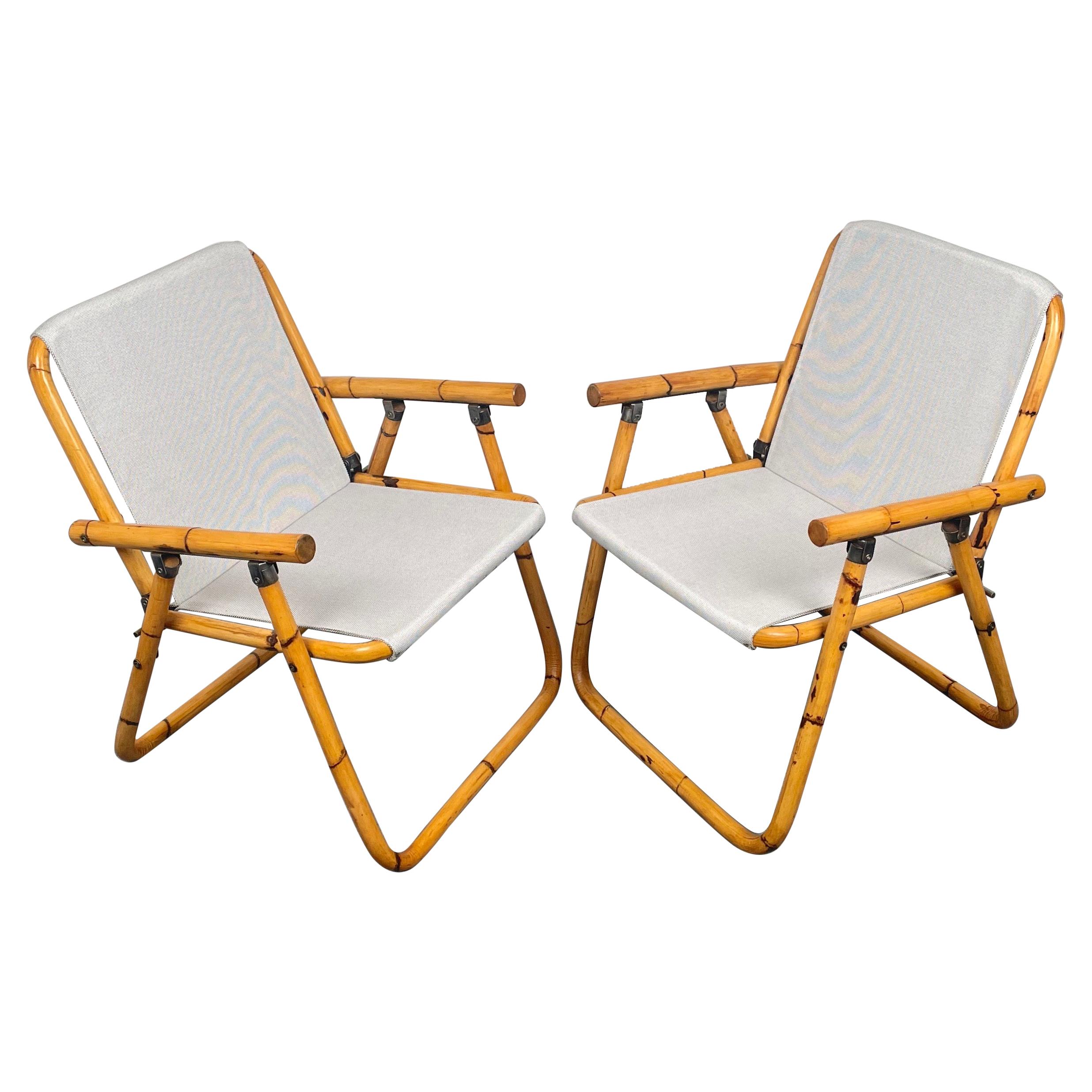 Pair of Bamboo, Iron and Fabric Folding Chair, Italy, 1960s