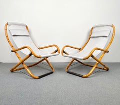 Pair of Bamboo, Iron and Fabric Folding Lounge Deck Chair, Italy, 1960s