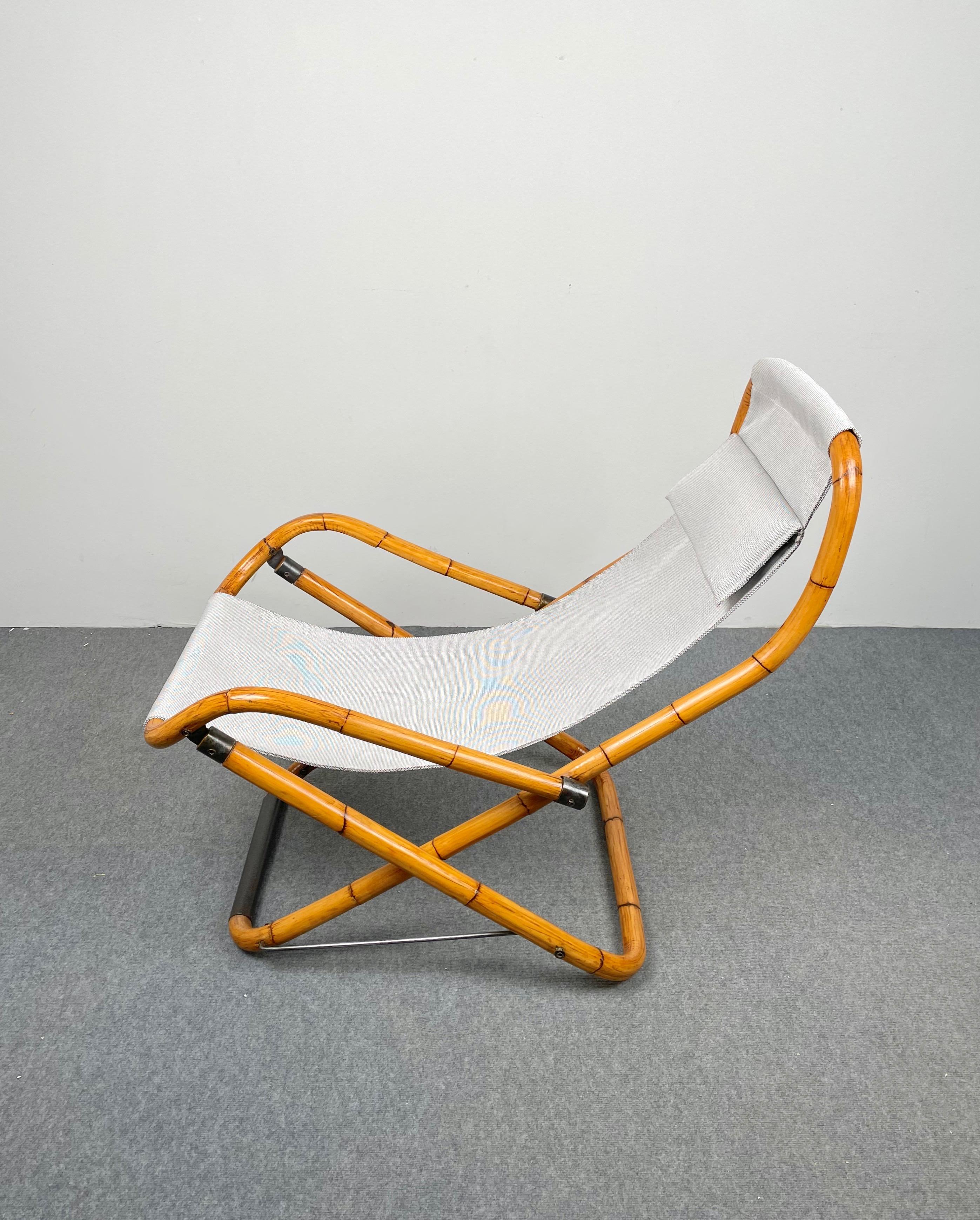 Pair of Bamboo, Iron and Fabric Folding Lounge Deck Chair, Italy, 1960s For Sale 1