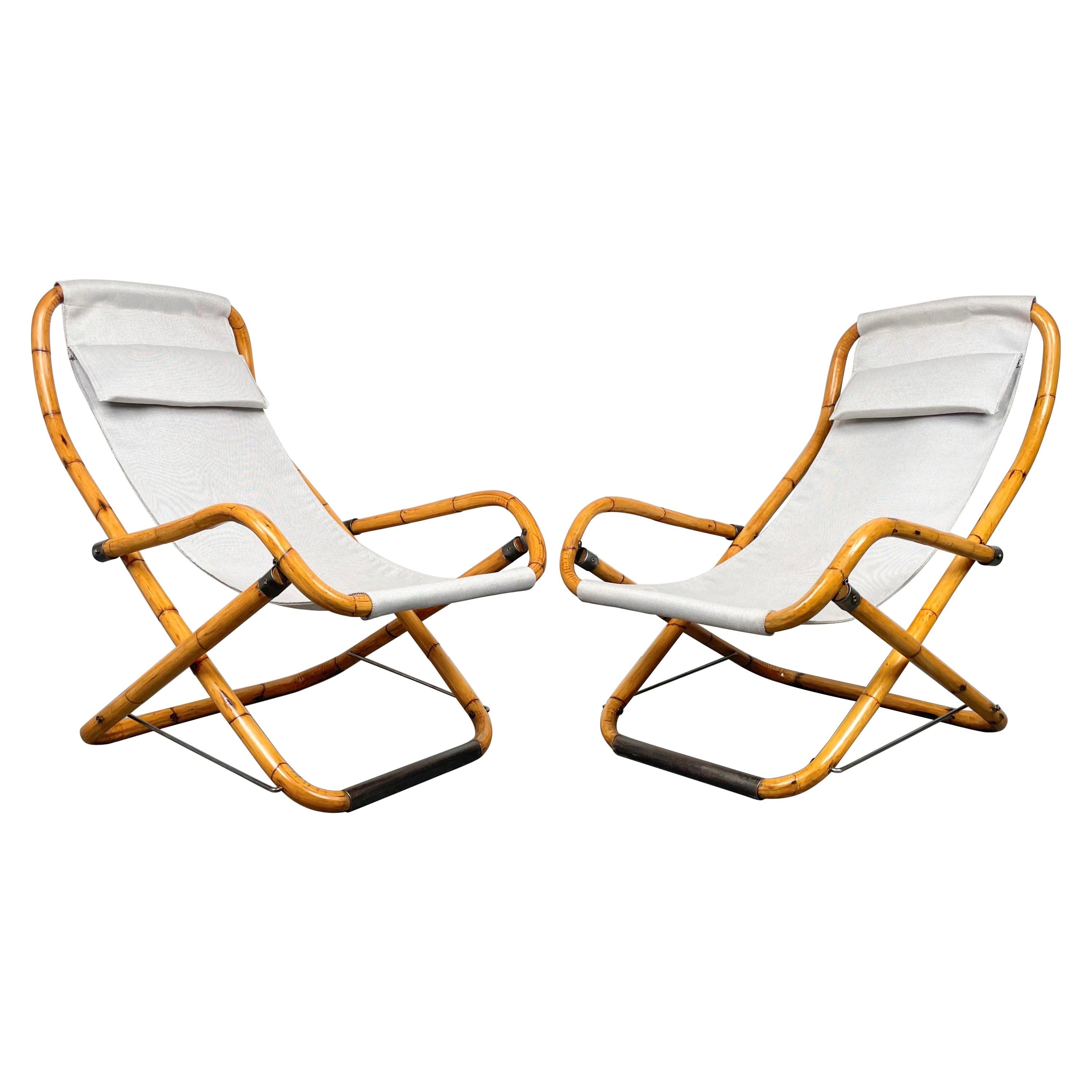 Pair of Bamboo, Iron and Fabric Folding Lounge Deck Chair, Italy, 1960s