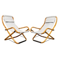 Retro Pair of Bamboo, Iron and Fabric Folding Lounge Deck Chair, Italy, 1960s