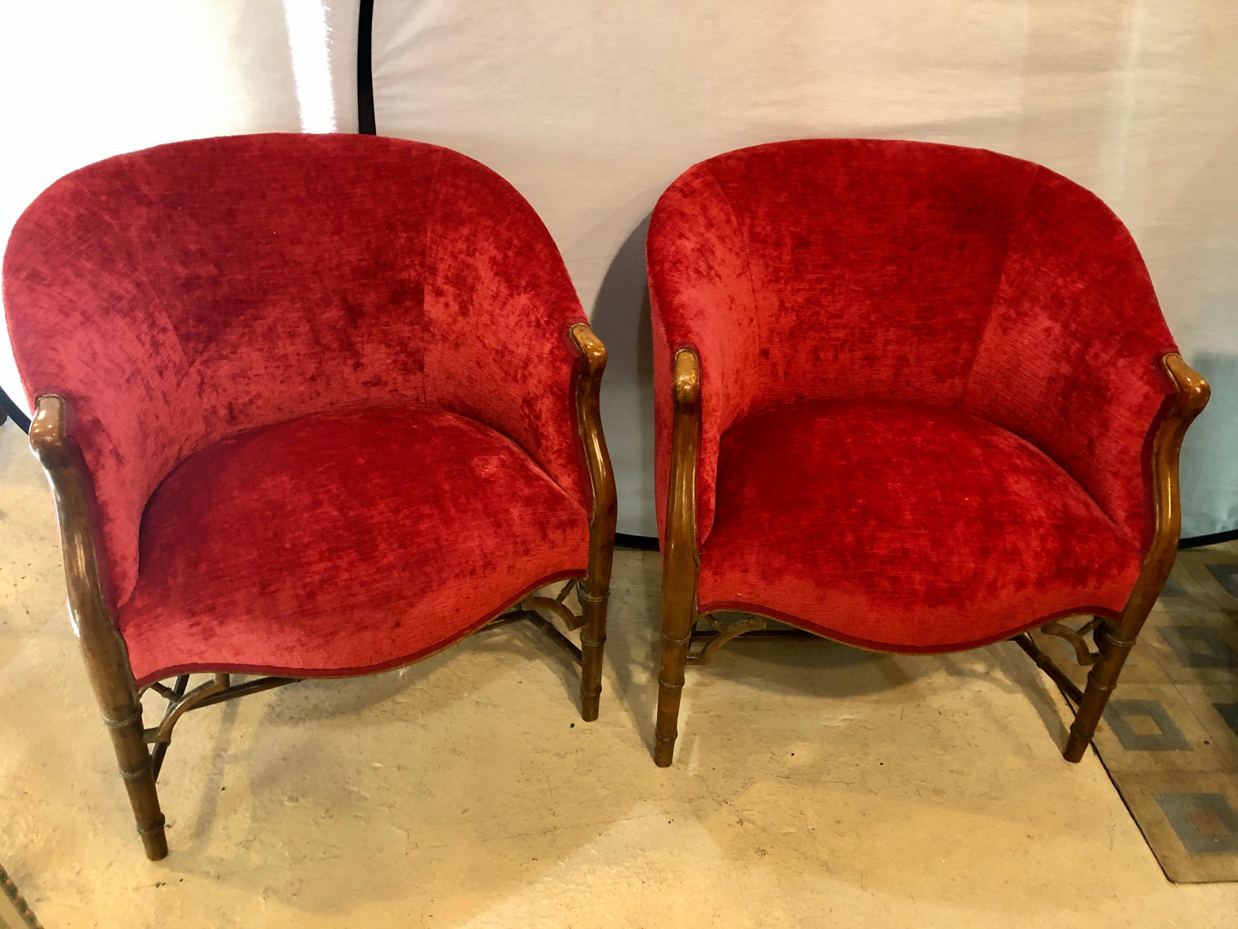 Mid-Century Modern Pair of Bamboo Legged Cherry Red Velour 19th-20th Century Barrel Back Chairs For Sale