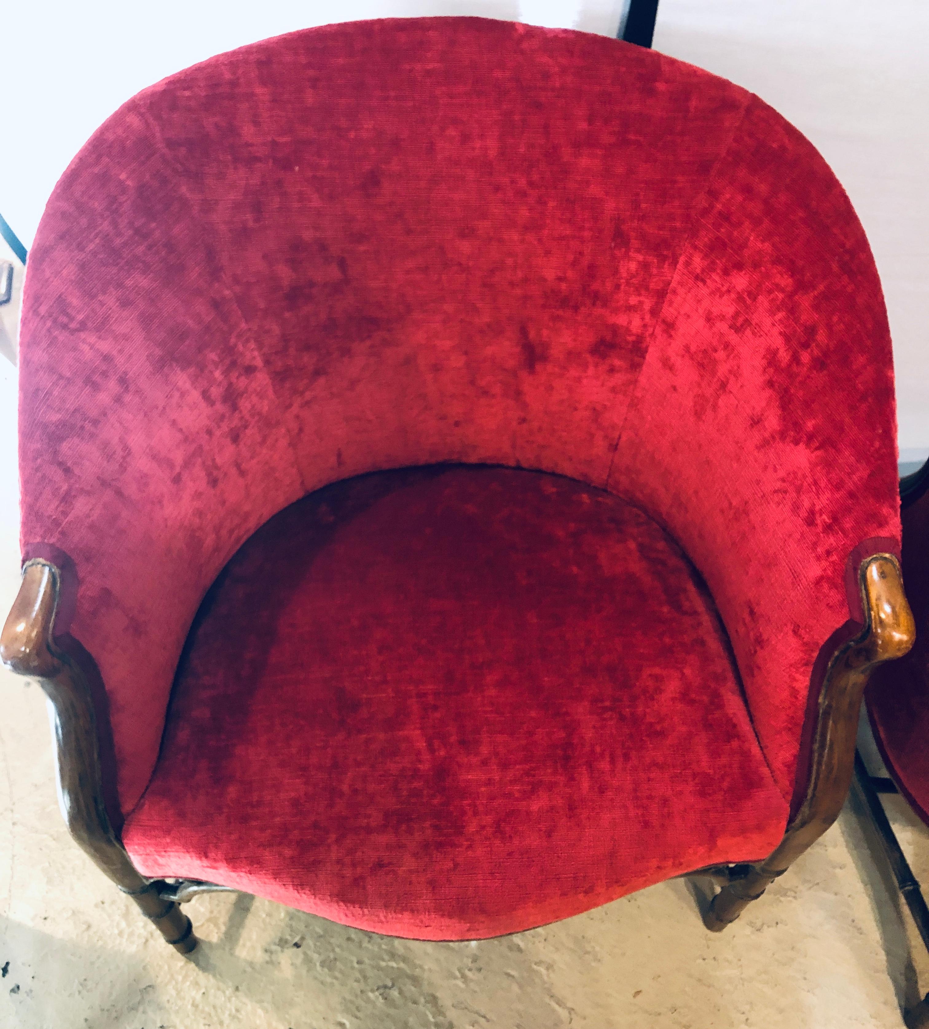 Pair of Bamboo Legged Cherry Red Velour 19th-20th Century Barrel Back Chairs In Good Condition For Sale In Stamford, CT