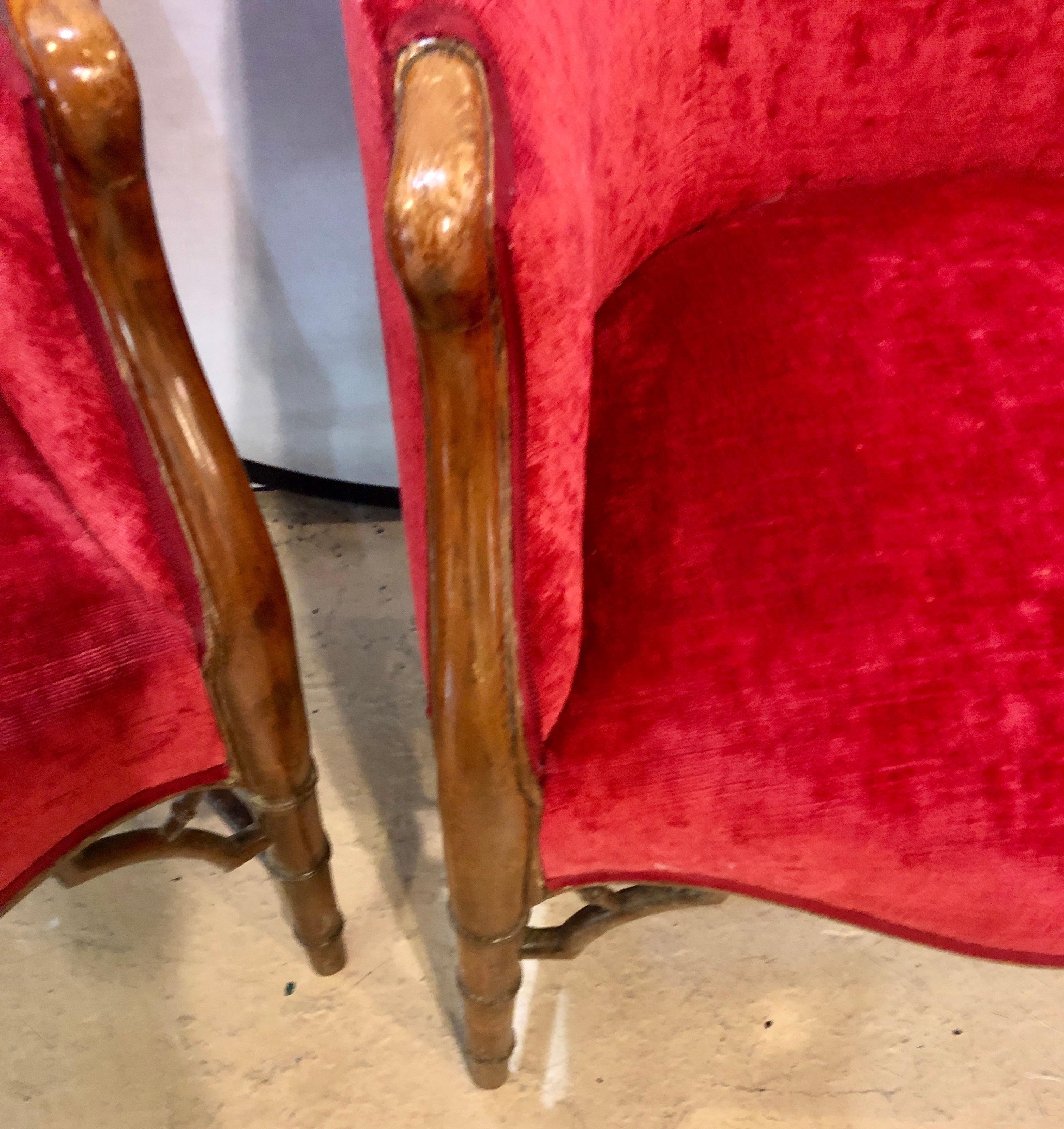 Wood Pair of Bamboo Legged Cherry Red Velour 19th-20th Century Barrel Back Chairs For Sale