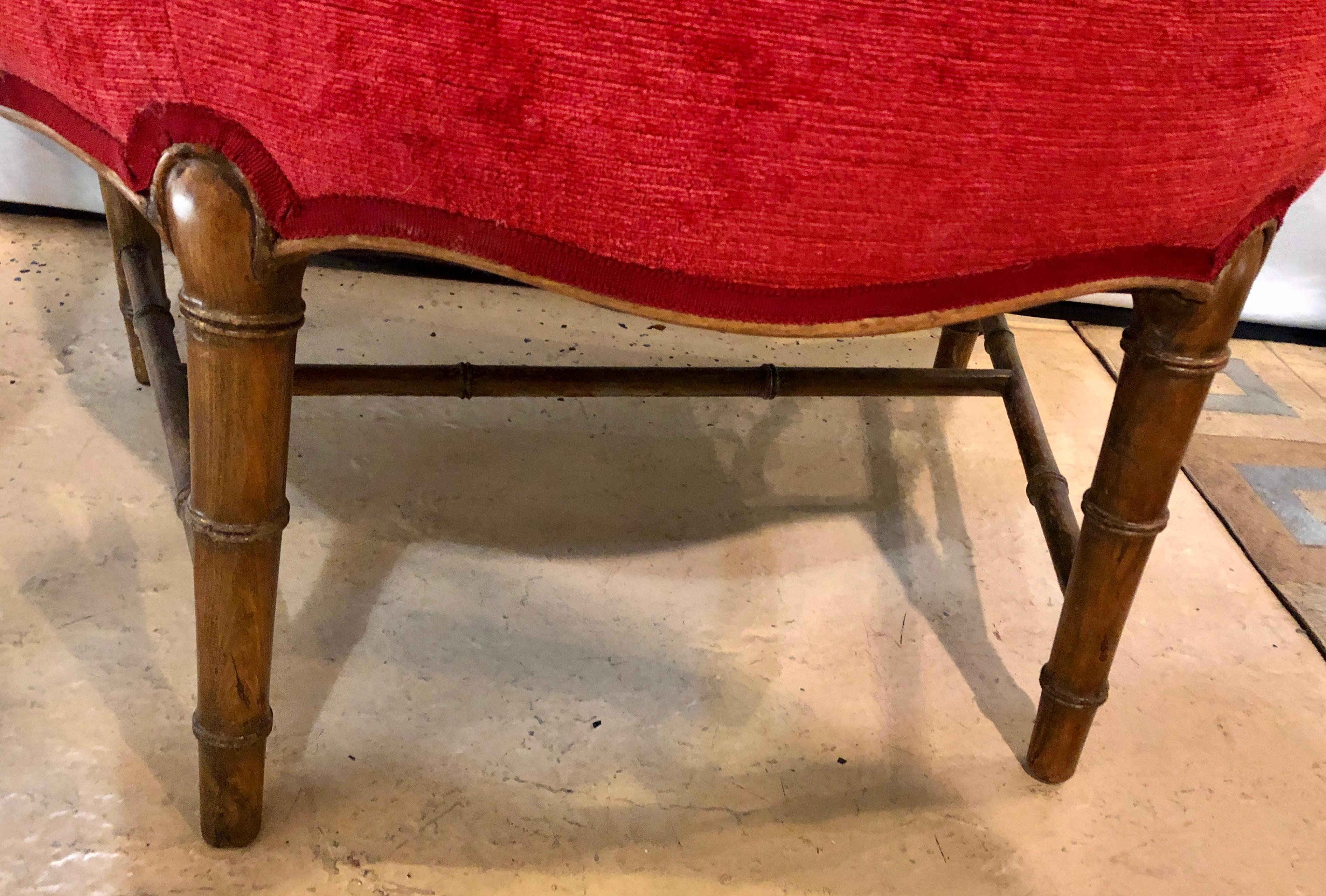 Pair of Bamboo Legged Cherry Red Velour 19th-20th Century Barrel Back Chairs For Sale 1