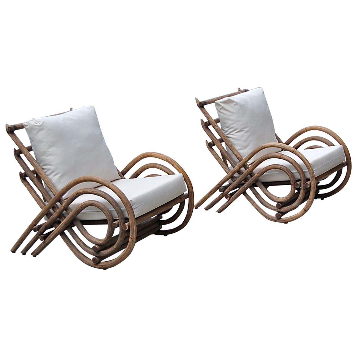 Pair of Bamboo Loungers with Looped Armrest, France, 1970s