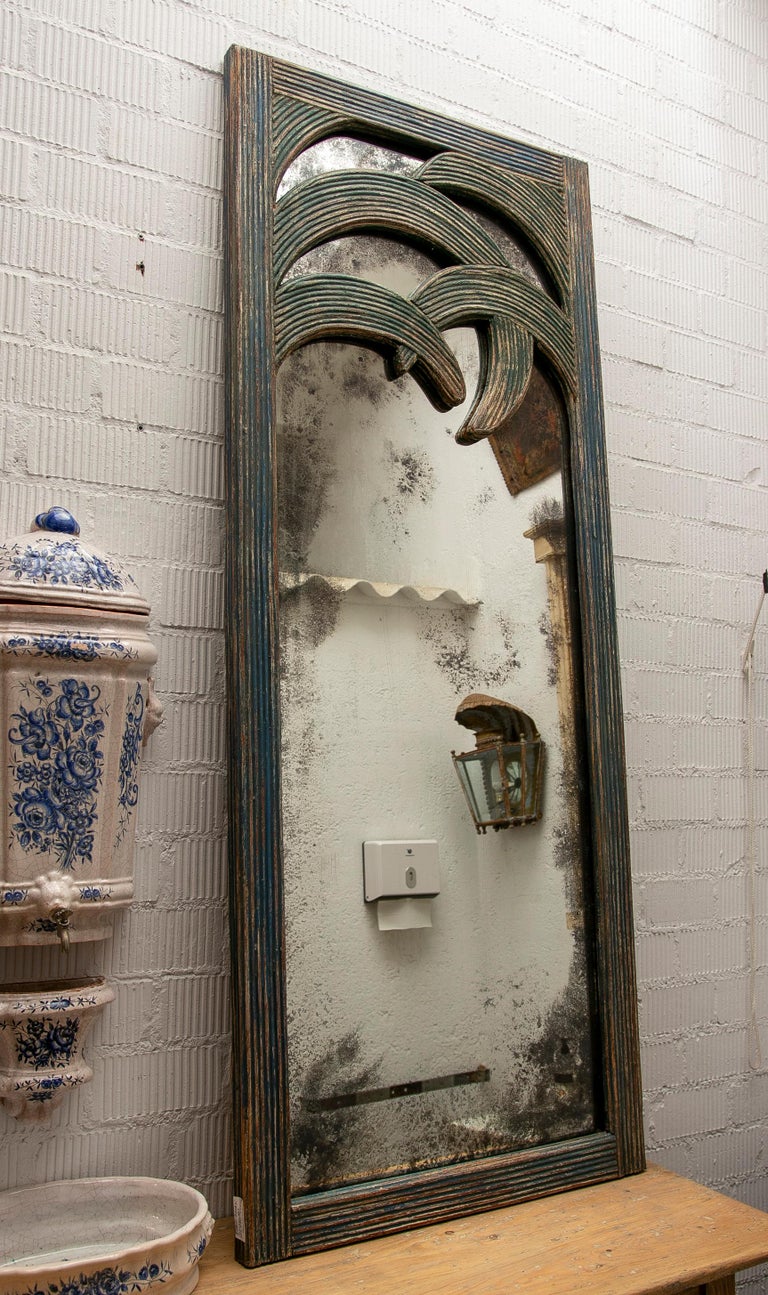 Pair of Bamboo Mirrors Polychromed in Blue Tones For Sale at 1stDibs