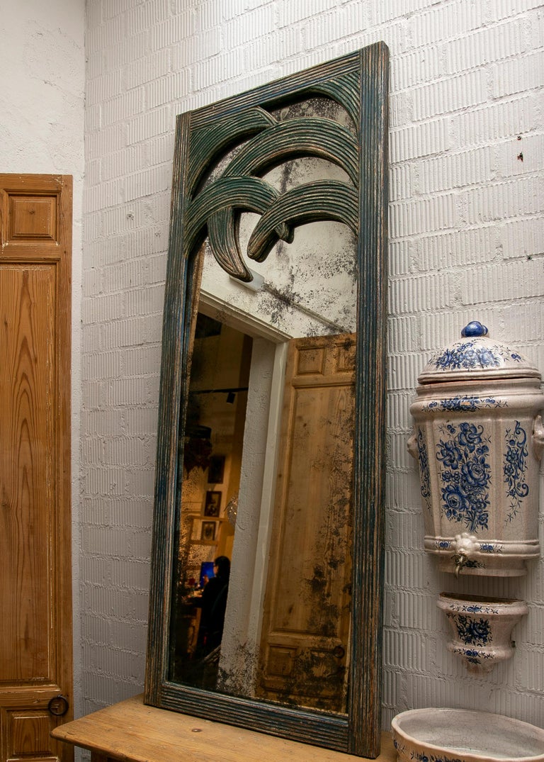 Pair of Bamboo Mirrors Polychromed in Blue Tones For Sale at 1stDibs