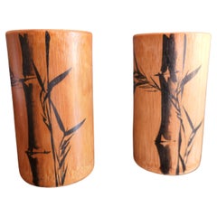 Pair of Bamboo Painted Bitong or Artists Brush Pots