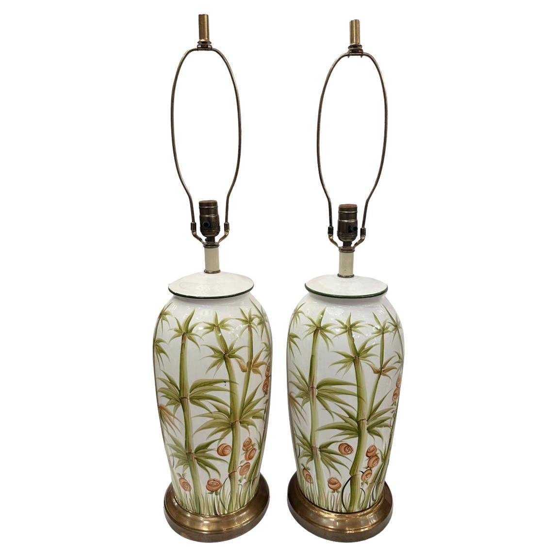 Paire de lampes en porcelaine de bambou