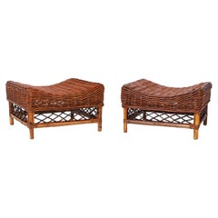 Pair of Bamboo Rattan and Wicker Ottomans