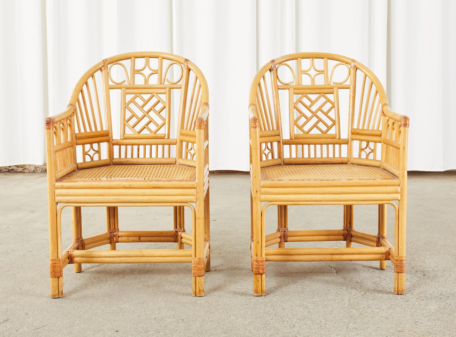 Asian Pair of Bamboo Rattan Brighton Pavilion Style Armchairs