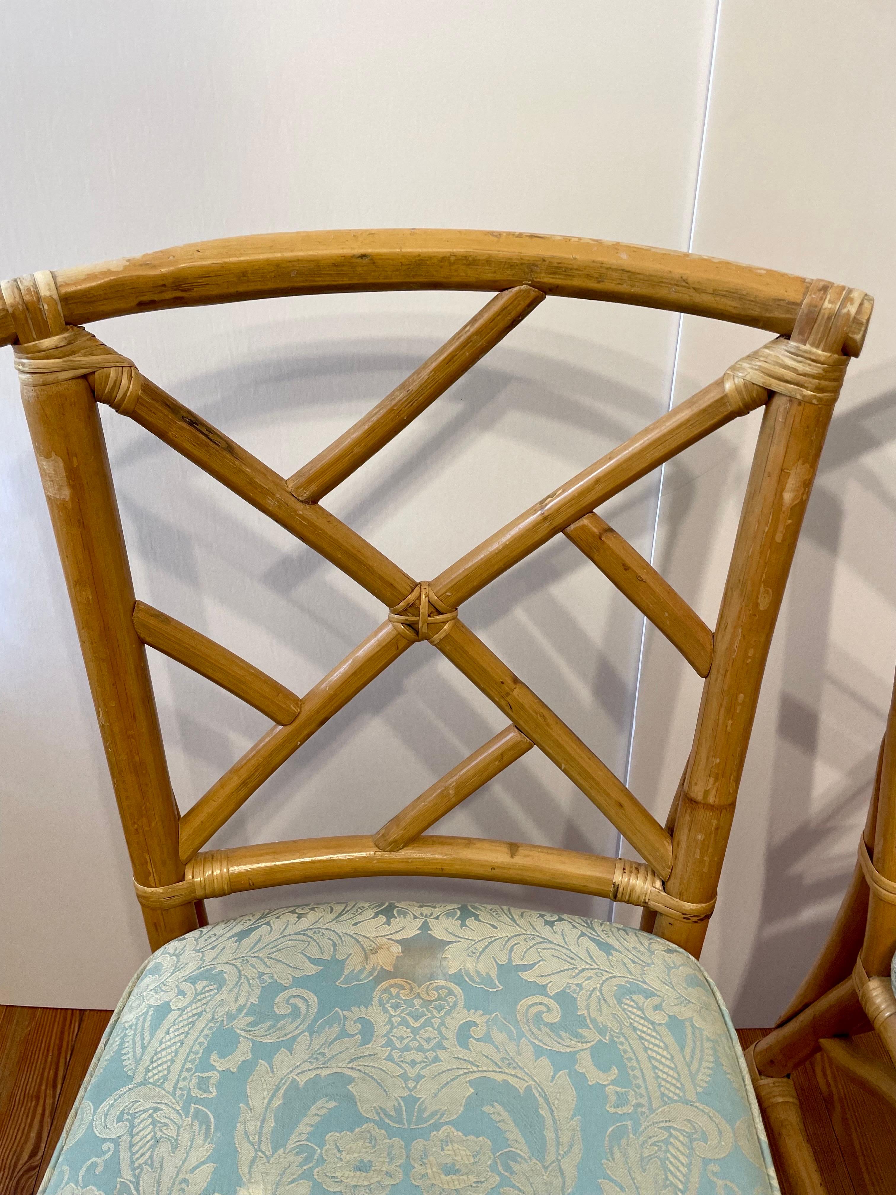 Hollywood Regency Pair of Bamboo Rattan Chairs on Casters