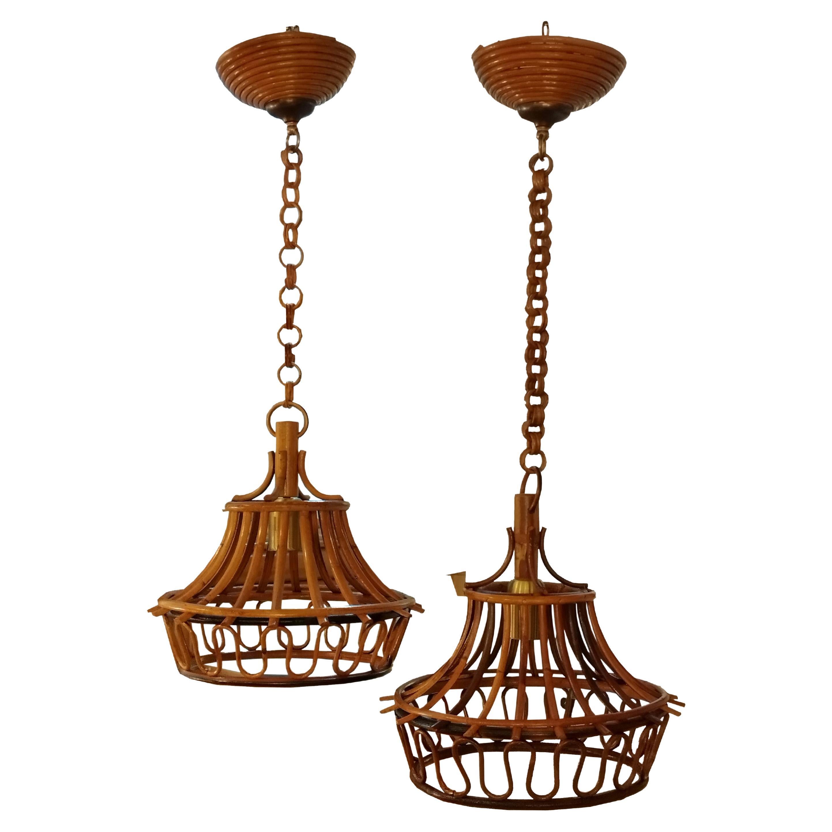 Pair of Bamboo & Rattan Chandeliers Pendants, Italy, 1960s