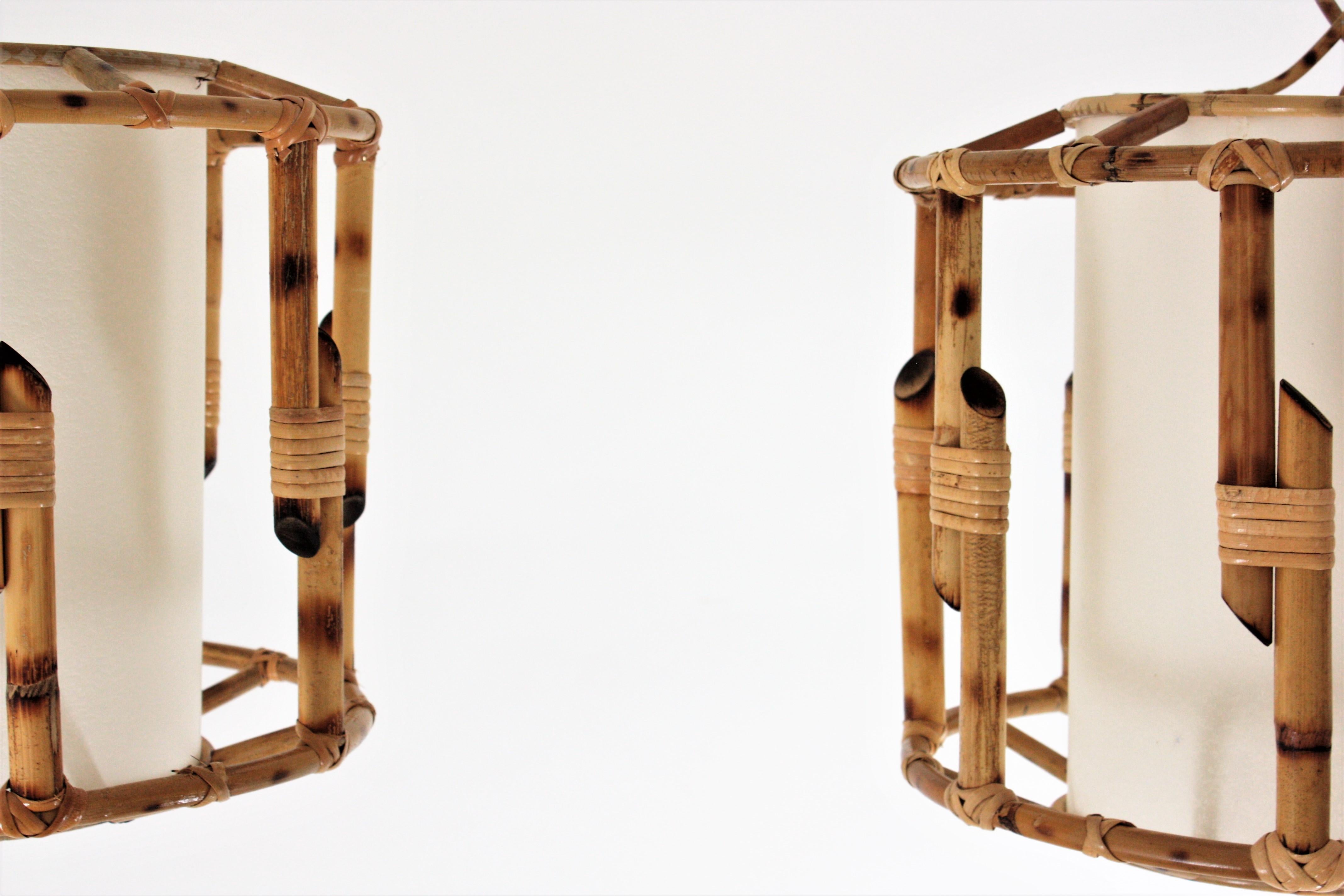 20th Century Pair of Bamboo Rattan Large Drum Pendant Lights / Lanterns For Sale