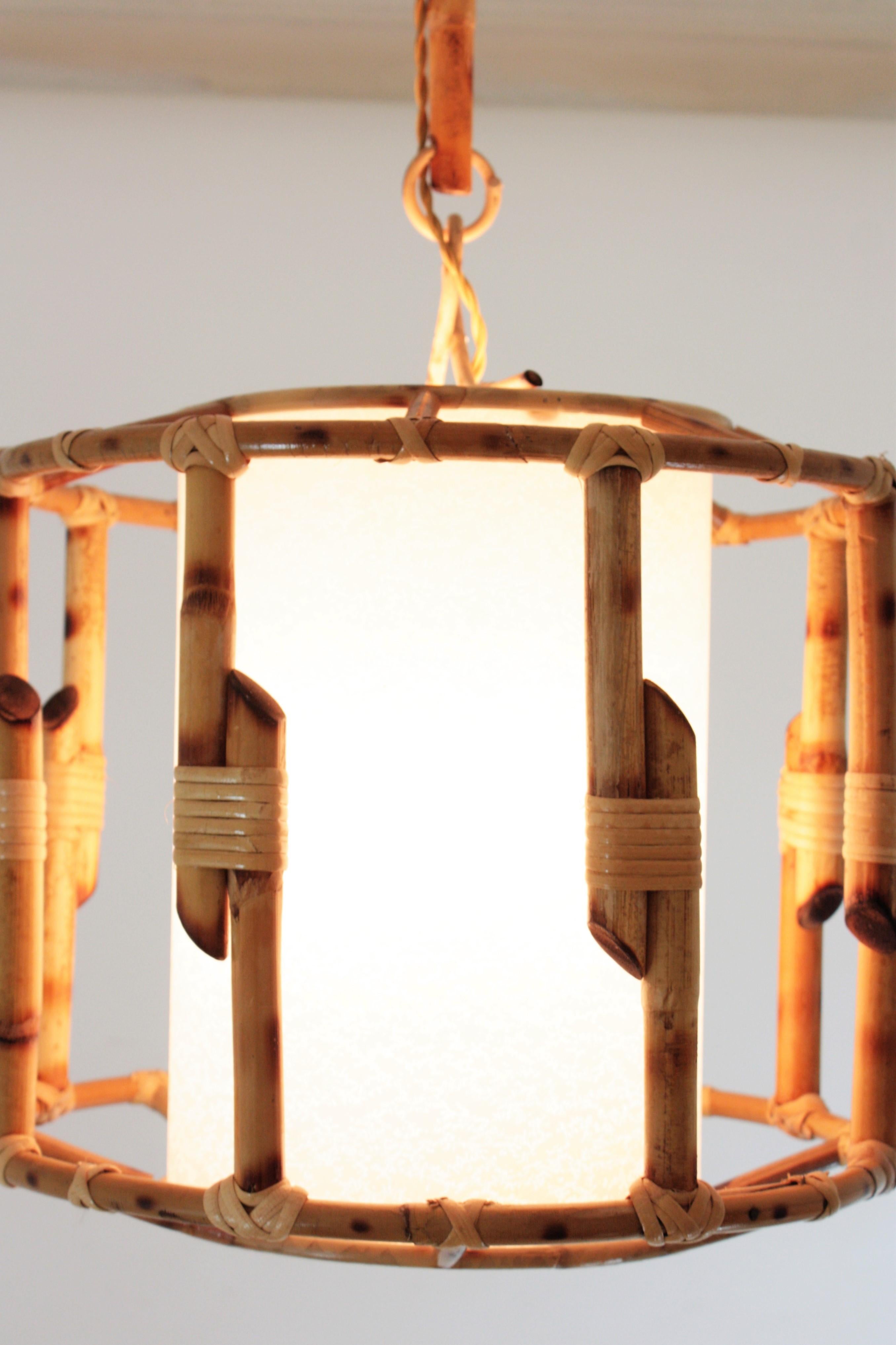 Pair of Bamboo Rattan Large Drum Pendant Lights / Lanterns For Sale 2