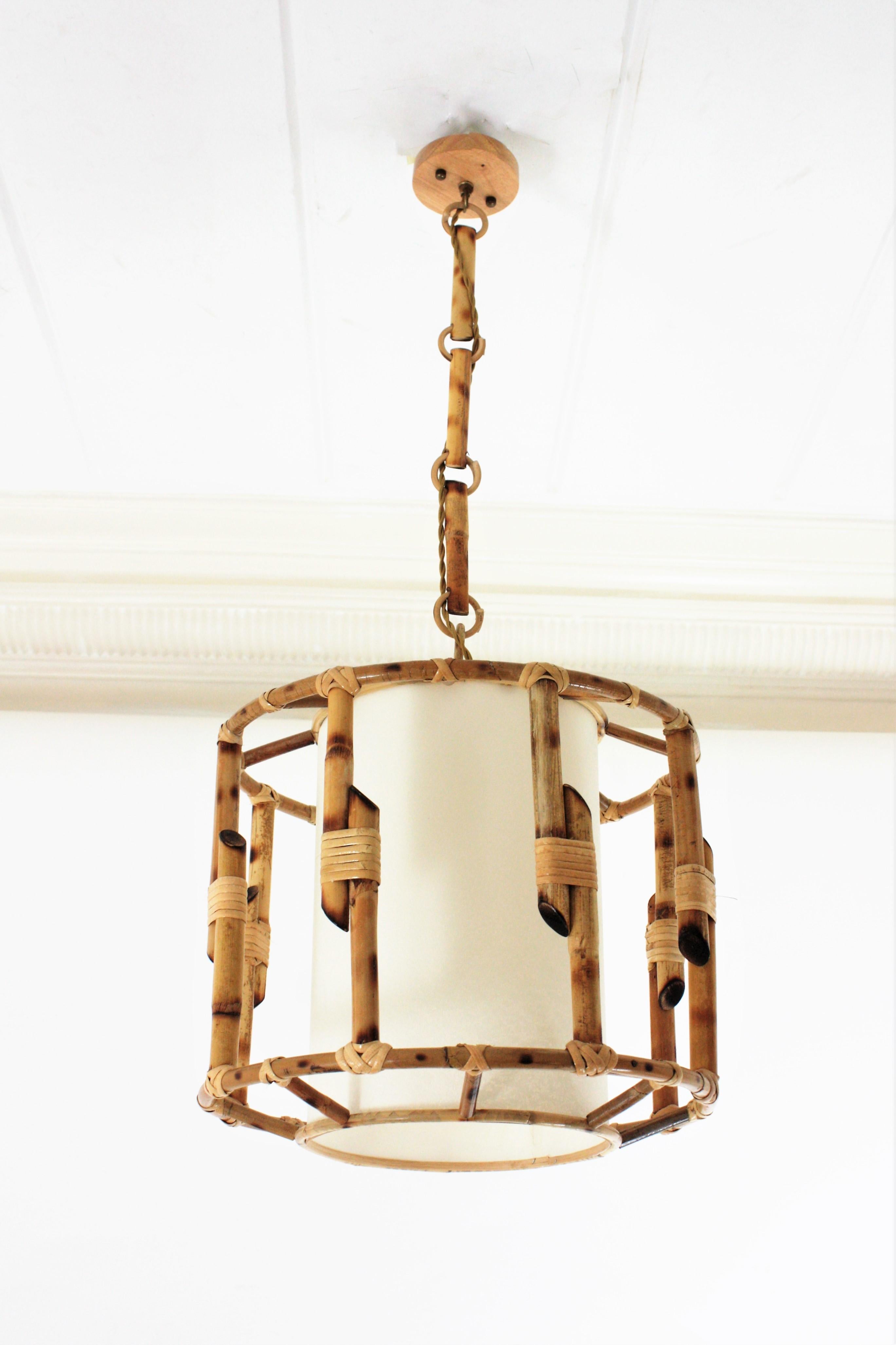 Pair of Bamboo Rattan Large Drum Pendant Lights / Lanterns For Sale 4